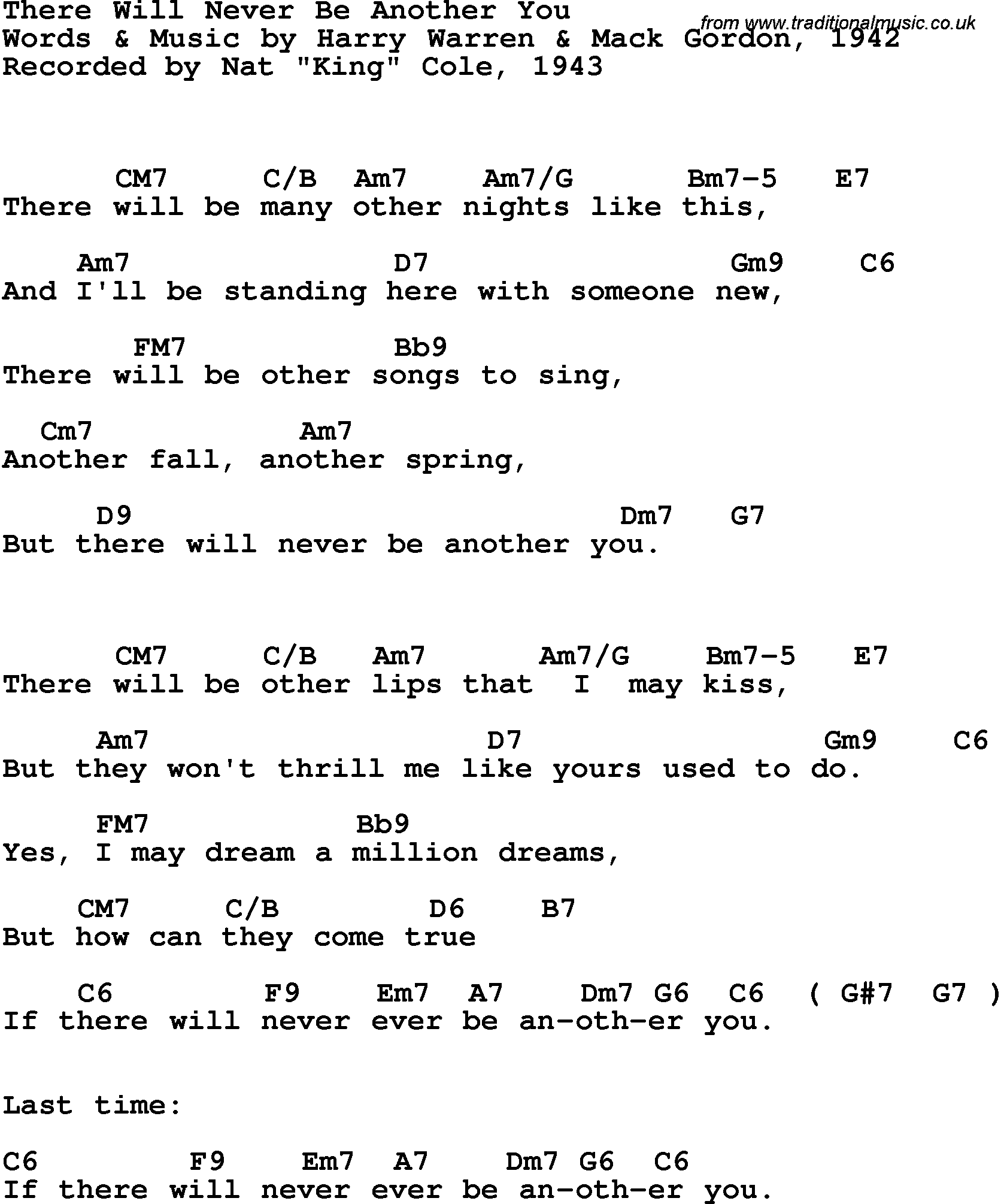 Song Lyrics with guitar chords for There Will Never Be Another You - Nat King Cole, 1943