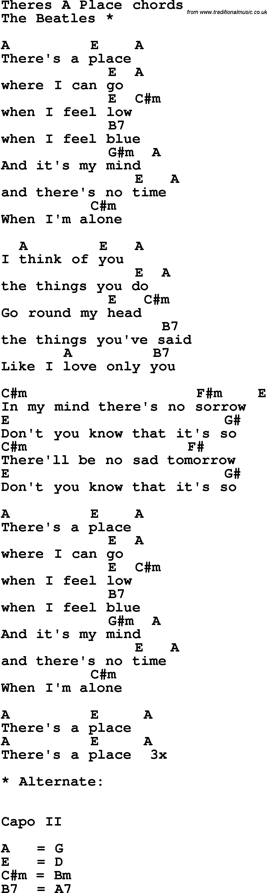 Song Lyrics with guitar chords for There's A Place - The Beatles