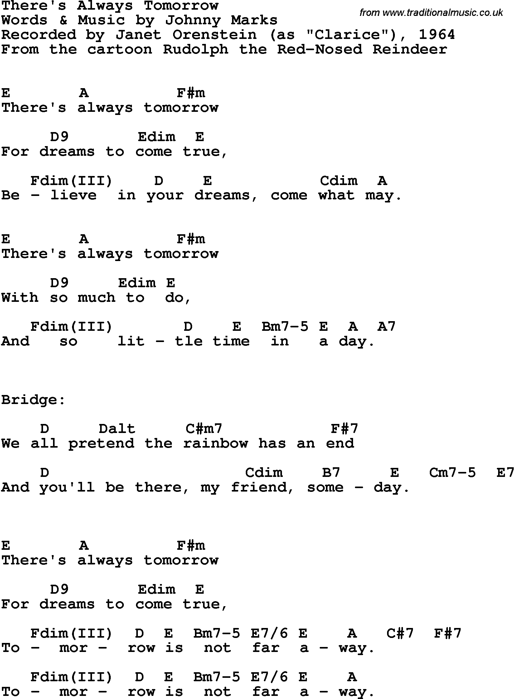 Song Lyrics with guitar chords for There's Always Tomorrow - Janet Orenstein, 1964