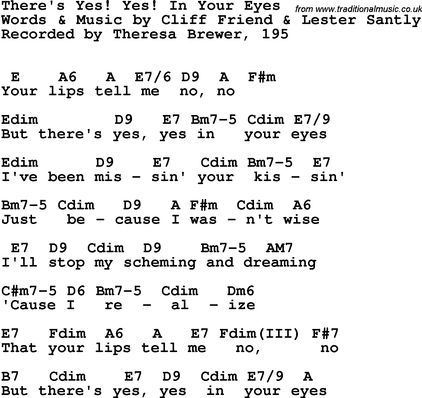 Song Lyrics with guitar chords for There's Yes! Yes! In Your Eyes - Teresa Brewer, 1951