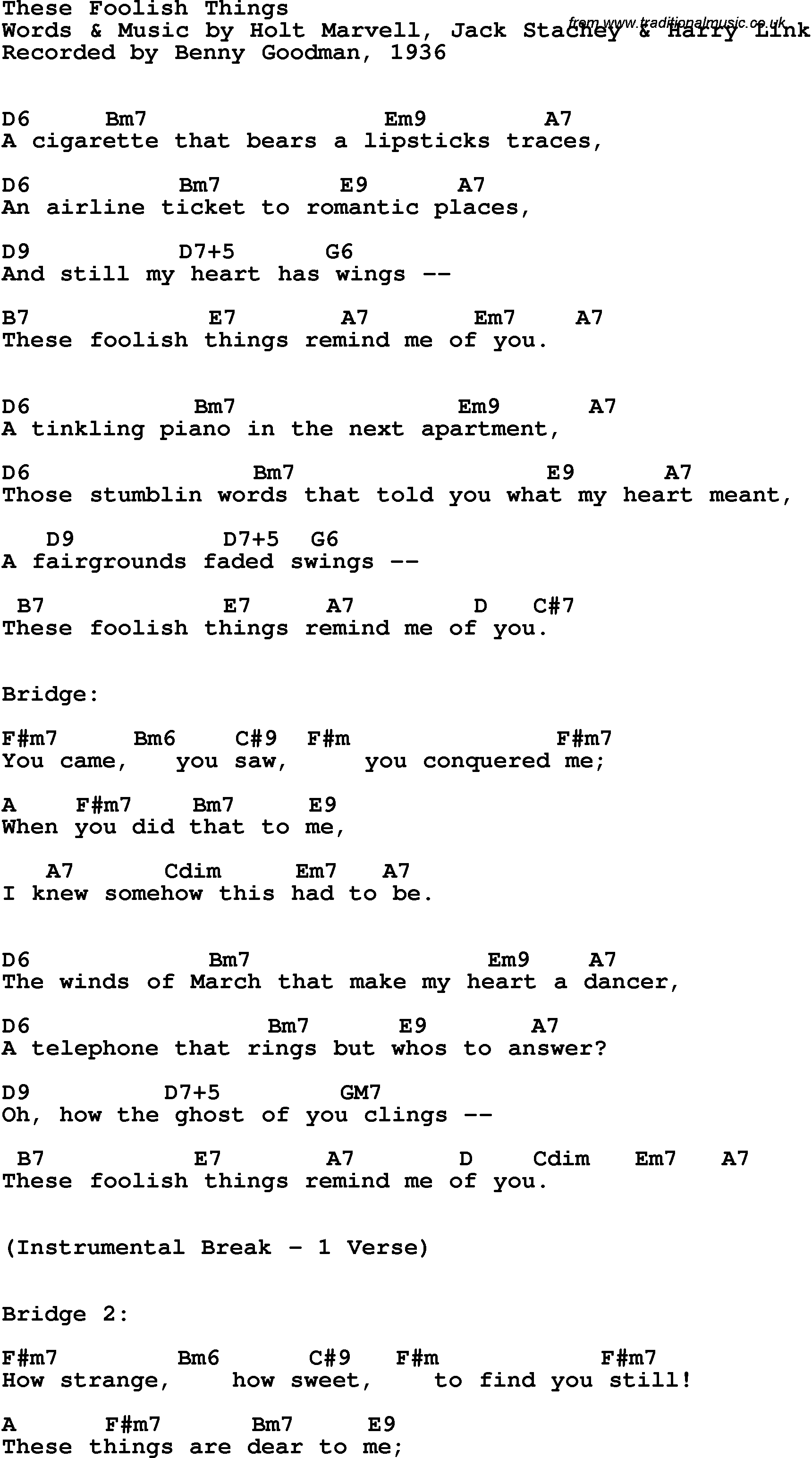 Song Lyrics with guitar chords for These Foolish Things - Benny Goodman, 1936