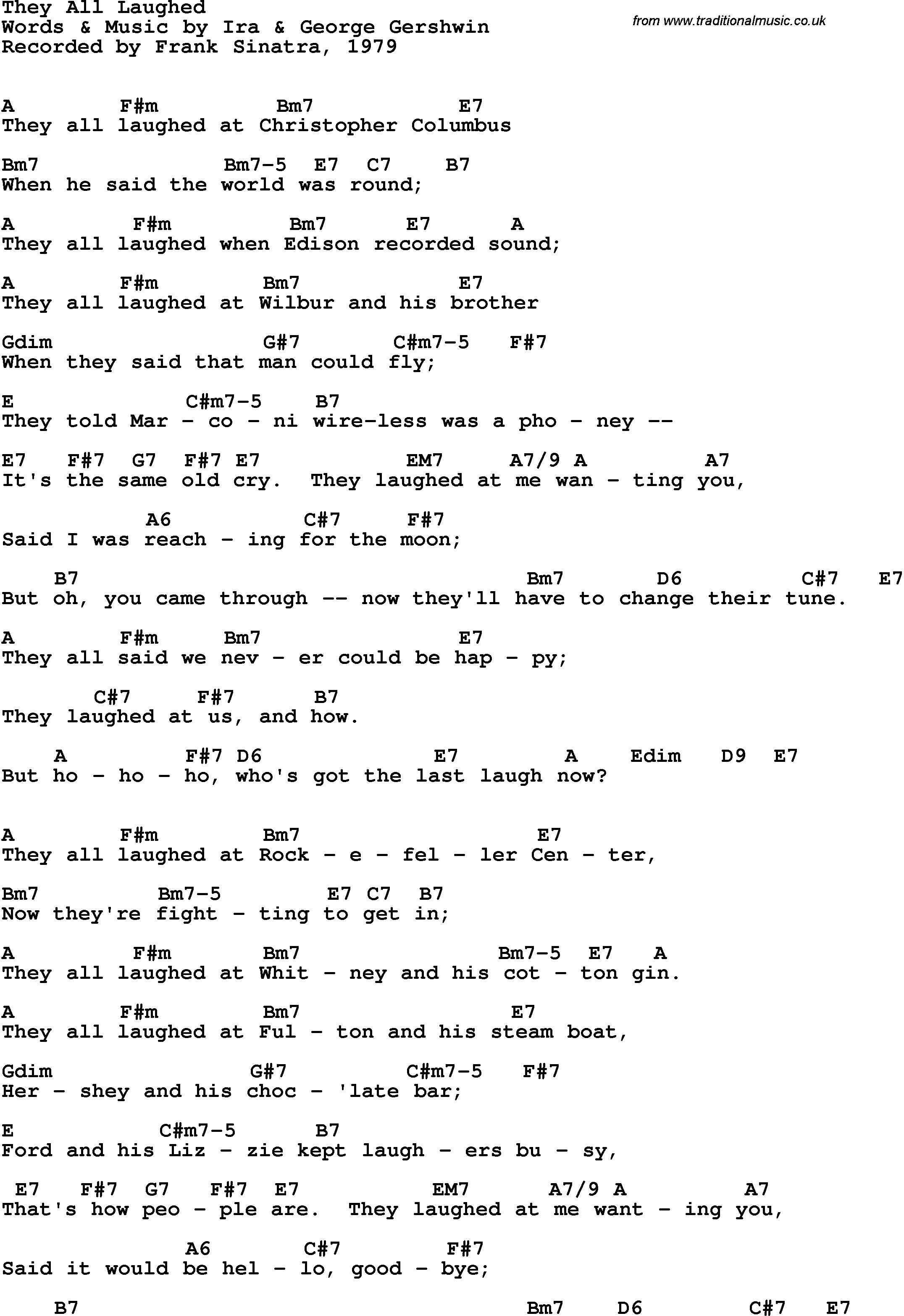 Song Lyrics with guitar chords for They All Laughted - Frank Sinatra, 1979