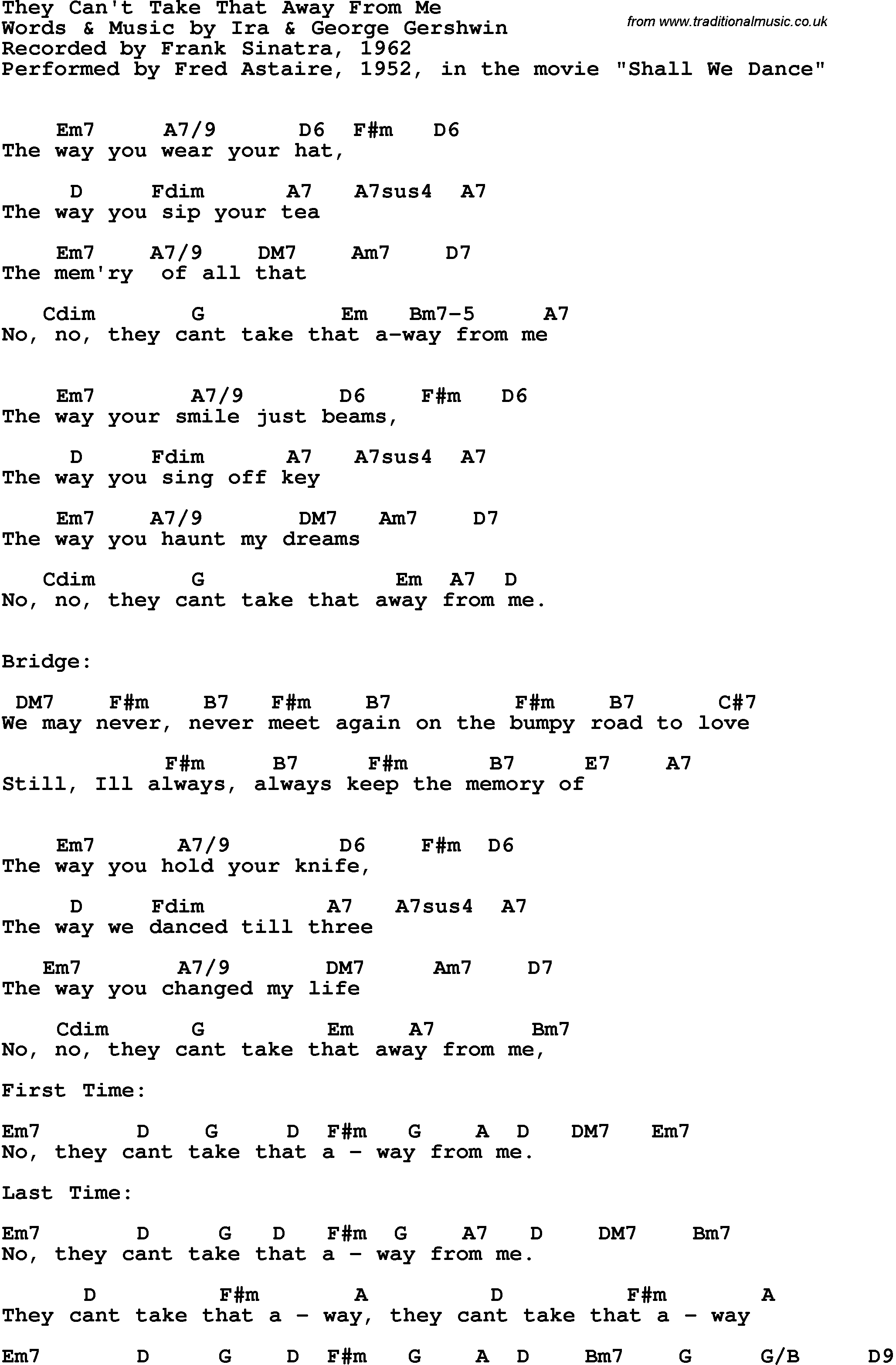 Song Lyrics with guitar chords for They Can't Take That Away From Me - Frank Sinatra, 1962