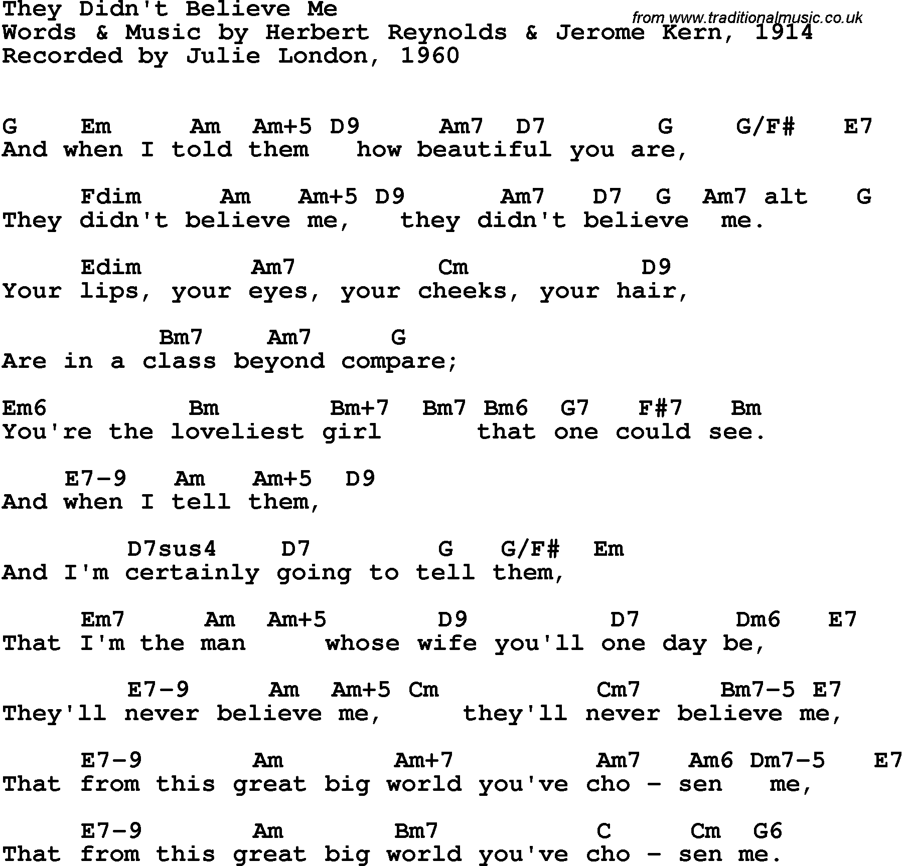 Song Lyrics with guitar chords for They Didn't Believe Me - Julie London, 1963