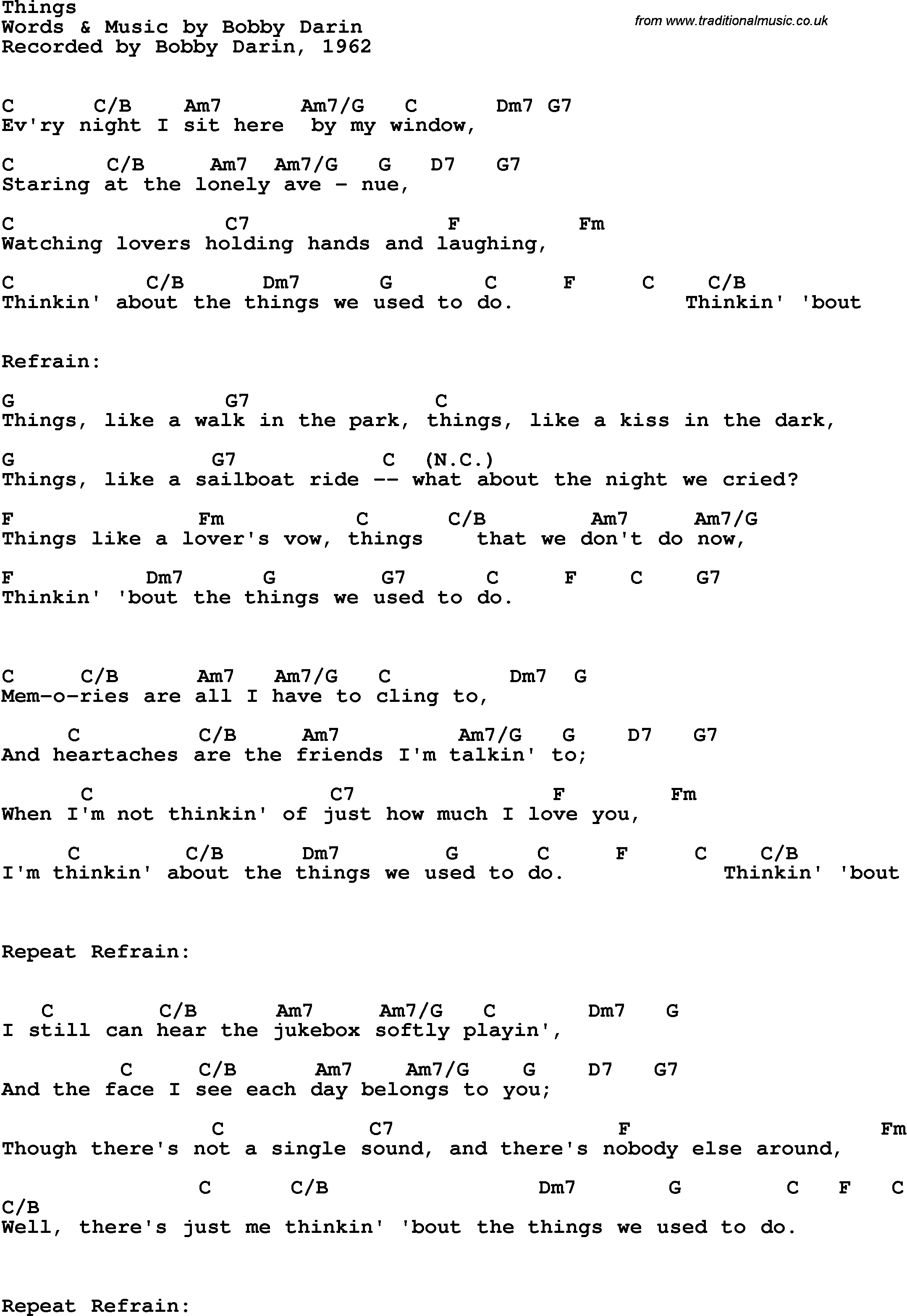 Song Lyrics with guitar chords for Things - Bobby Darin, 1962