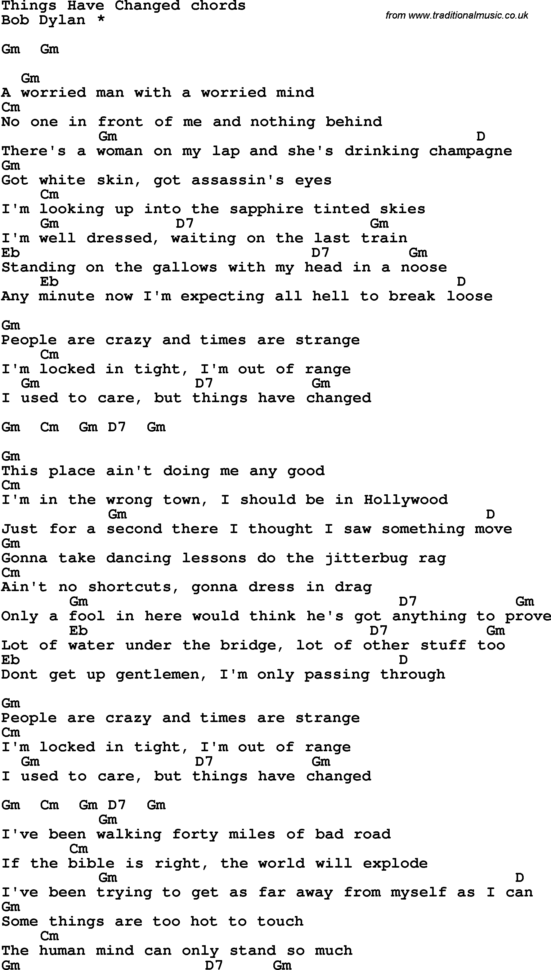 Song Lyrics with guitar chords for Things Have Changed