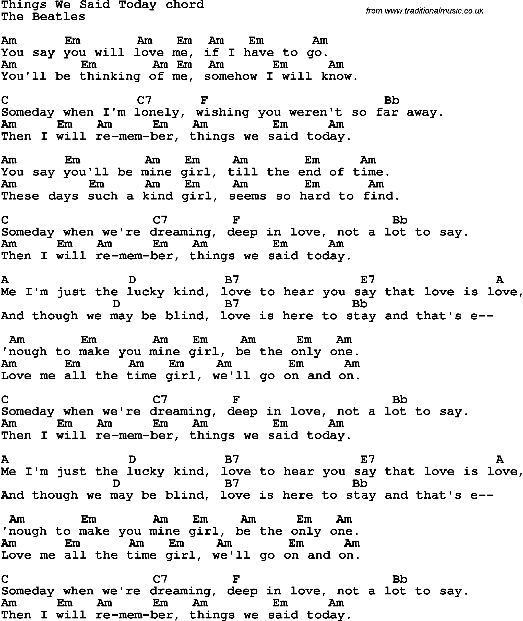 Song Lyrics with guitar chords for Things We Said Today