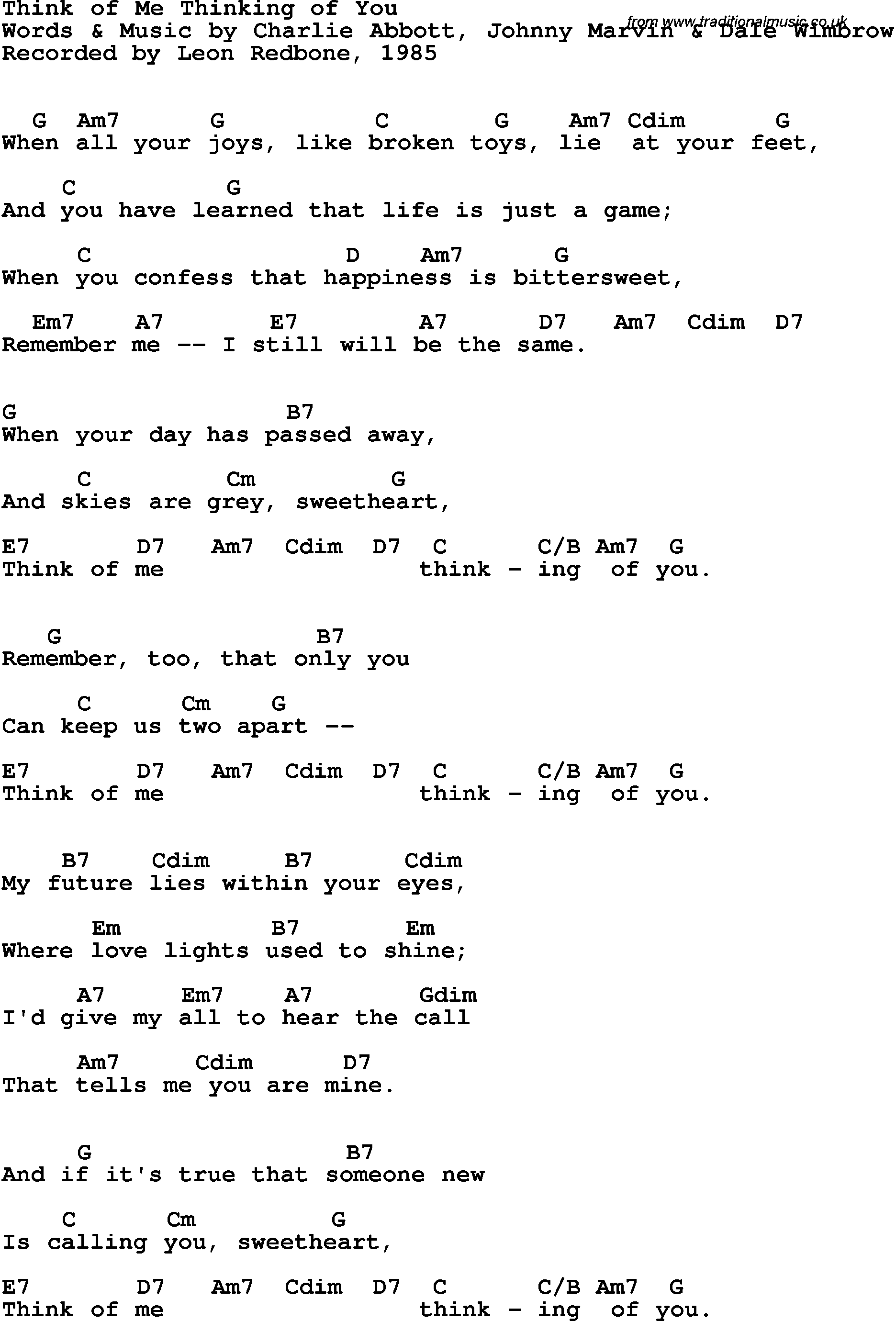 Song Lyrics with guitar chords for Think Of Me Thinking Of You - Leon Redbone, 1985
