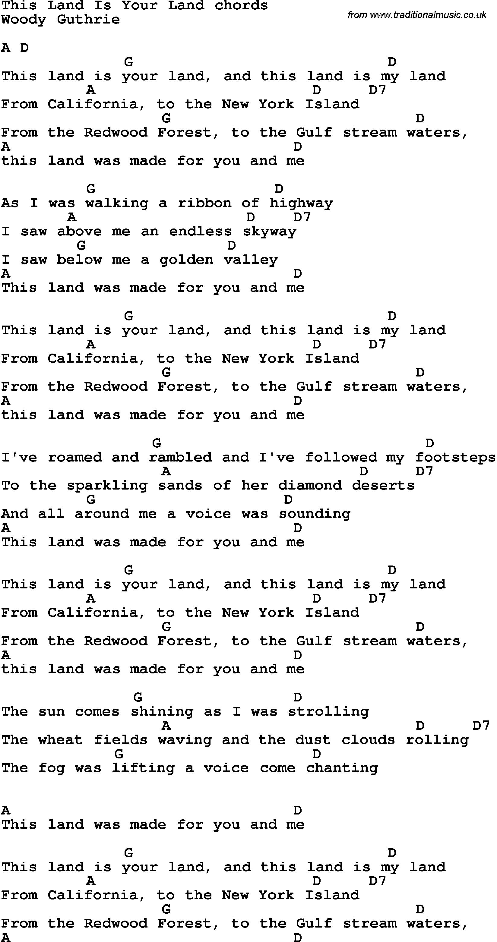 Song Lyrics with guitar chords for This Land Is Your Land