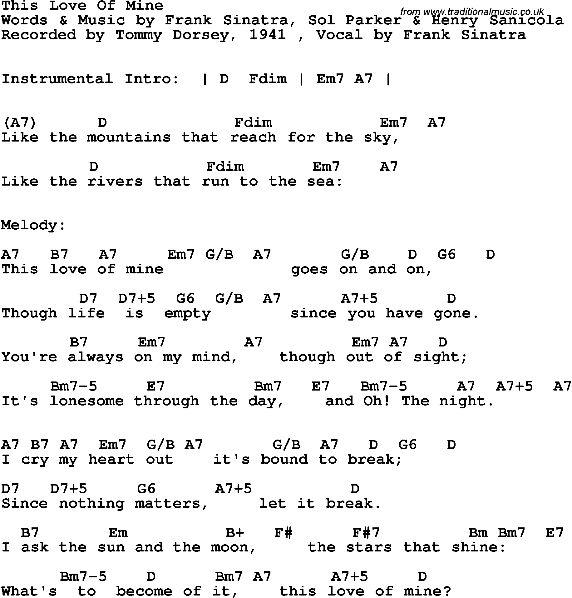 Song Lyrics with guitar chords for This Love Of Mine - Tommy Dorsey, Vocal By Frank Sinatra, 1941
