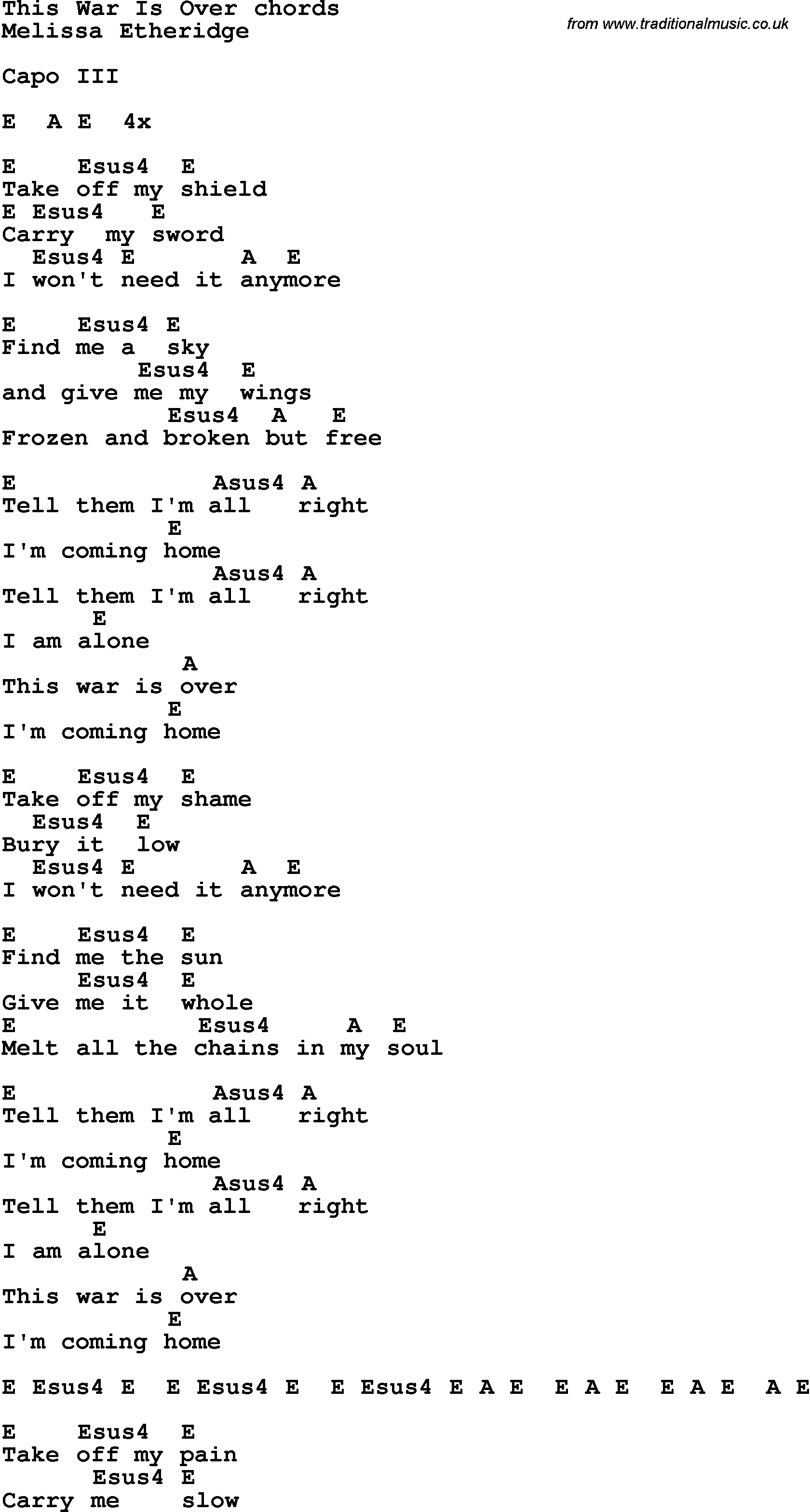 Song Lyrics with guitar chords for This War Is Over
