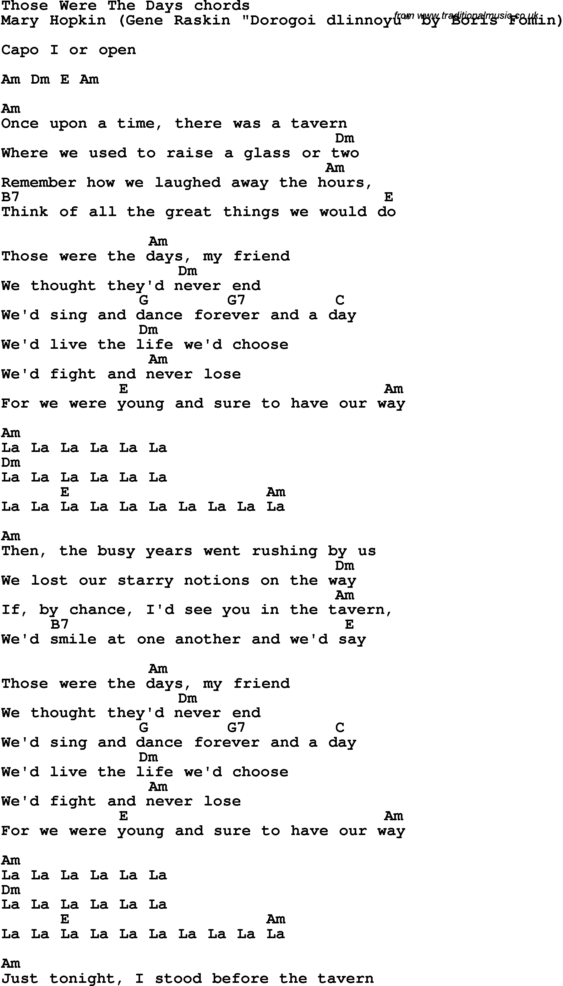 Song Lyrics with guitar chords for Those Were The Days - Mary Hopkin