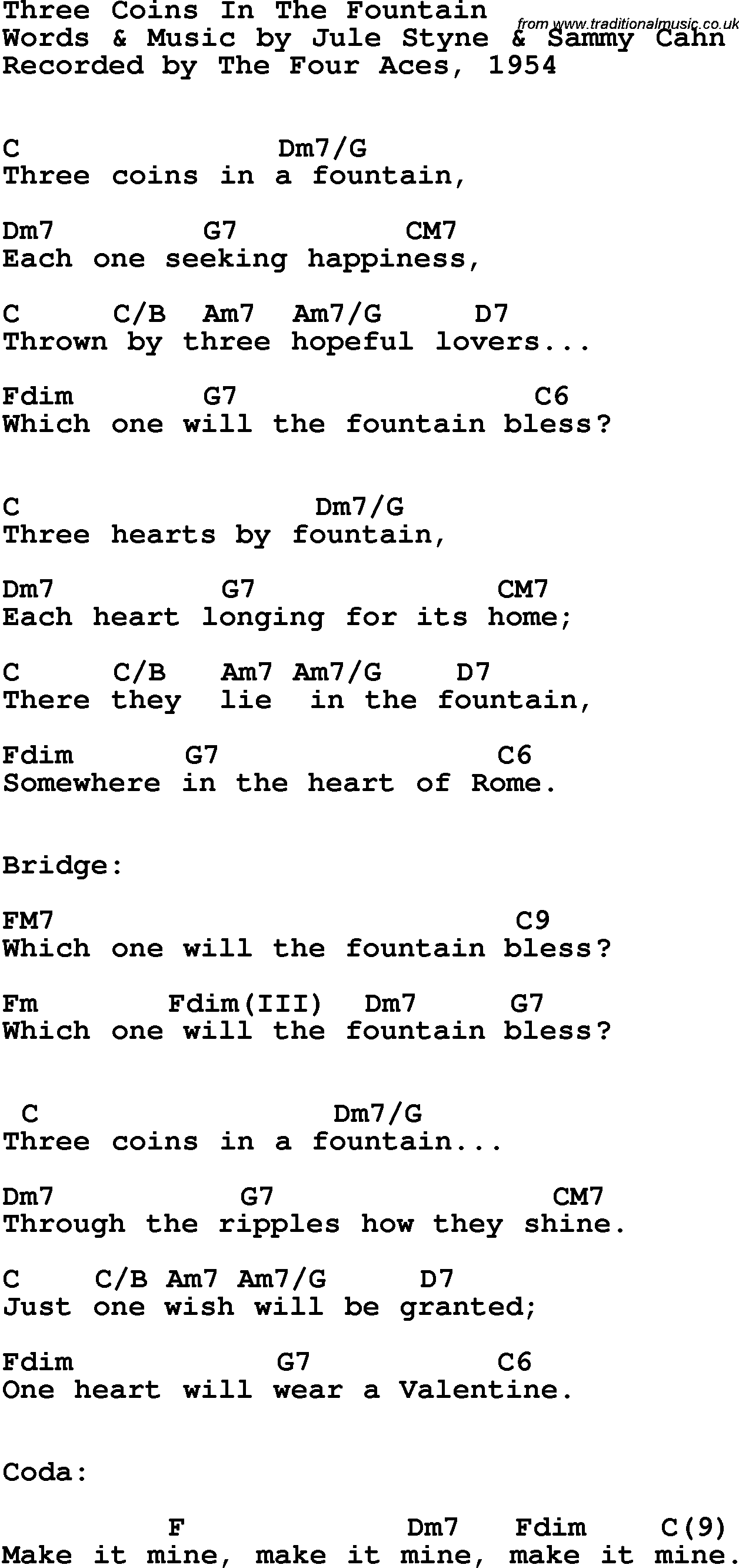 Song Lyrics with guitar chords for Three Coins In The Fountain - The Four Aces, 1954