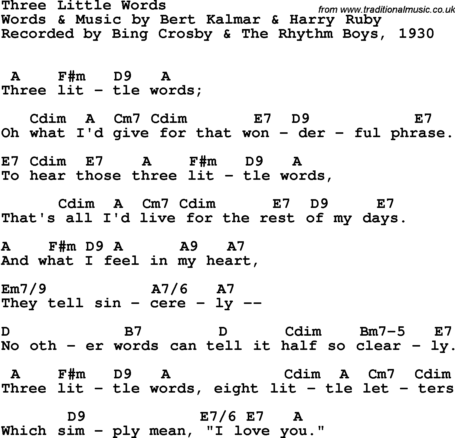 Song Lyrics with guitar chords for Three Little Words - Bing Crosby & The Rhythm Boys, 1930