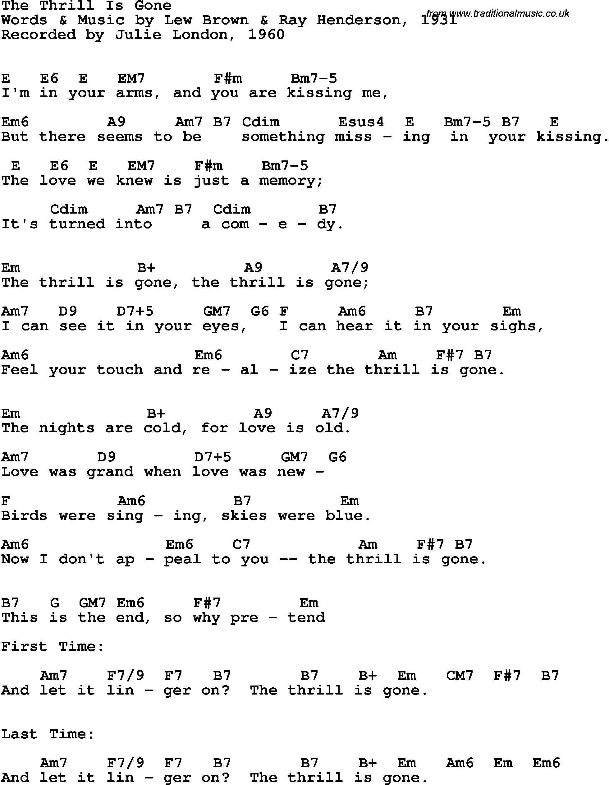 Song Lyrics With Guitar Chords For Thrill Is Gone The Julie London 1960 Nunmul naone naneun muneojyeo apeuda sumi chaolla. traditional music library