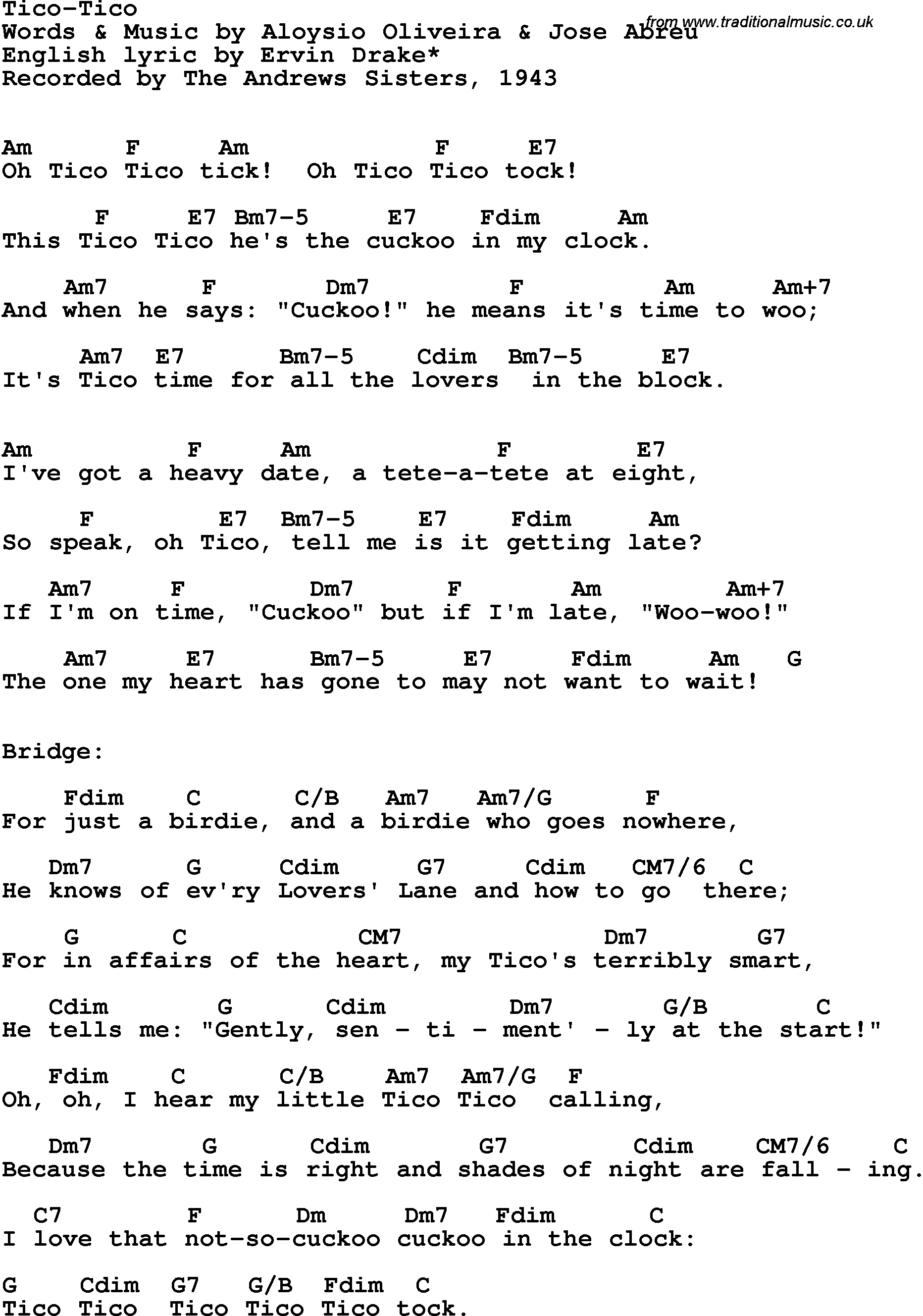 Song Lyrics with guitar chords for Tico Tico - Andrews Sisters, 1943