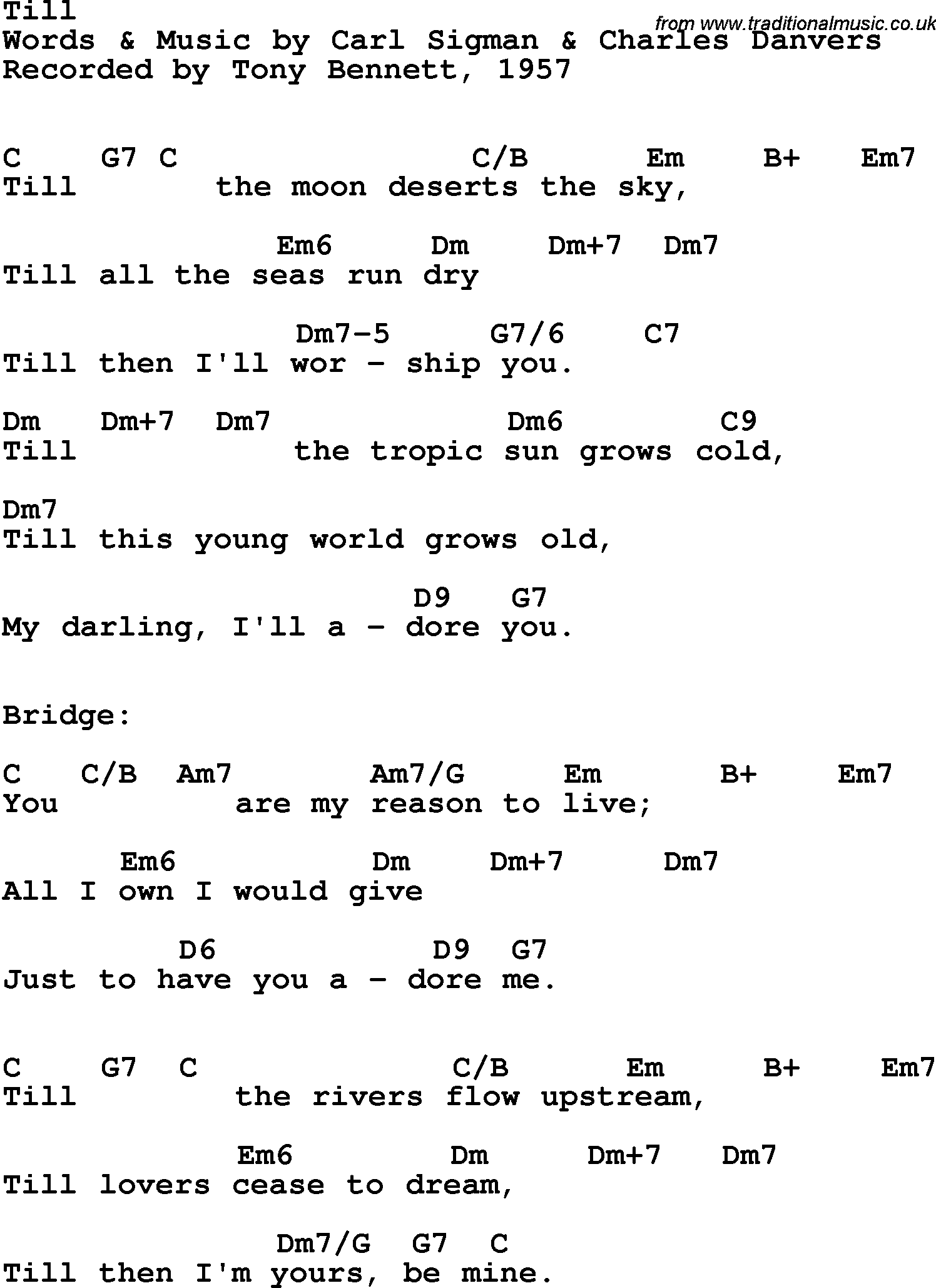 Song Lyrics with guitar chords for Till - Tony Bennett, 1957