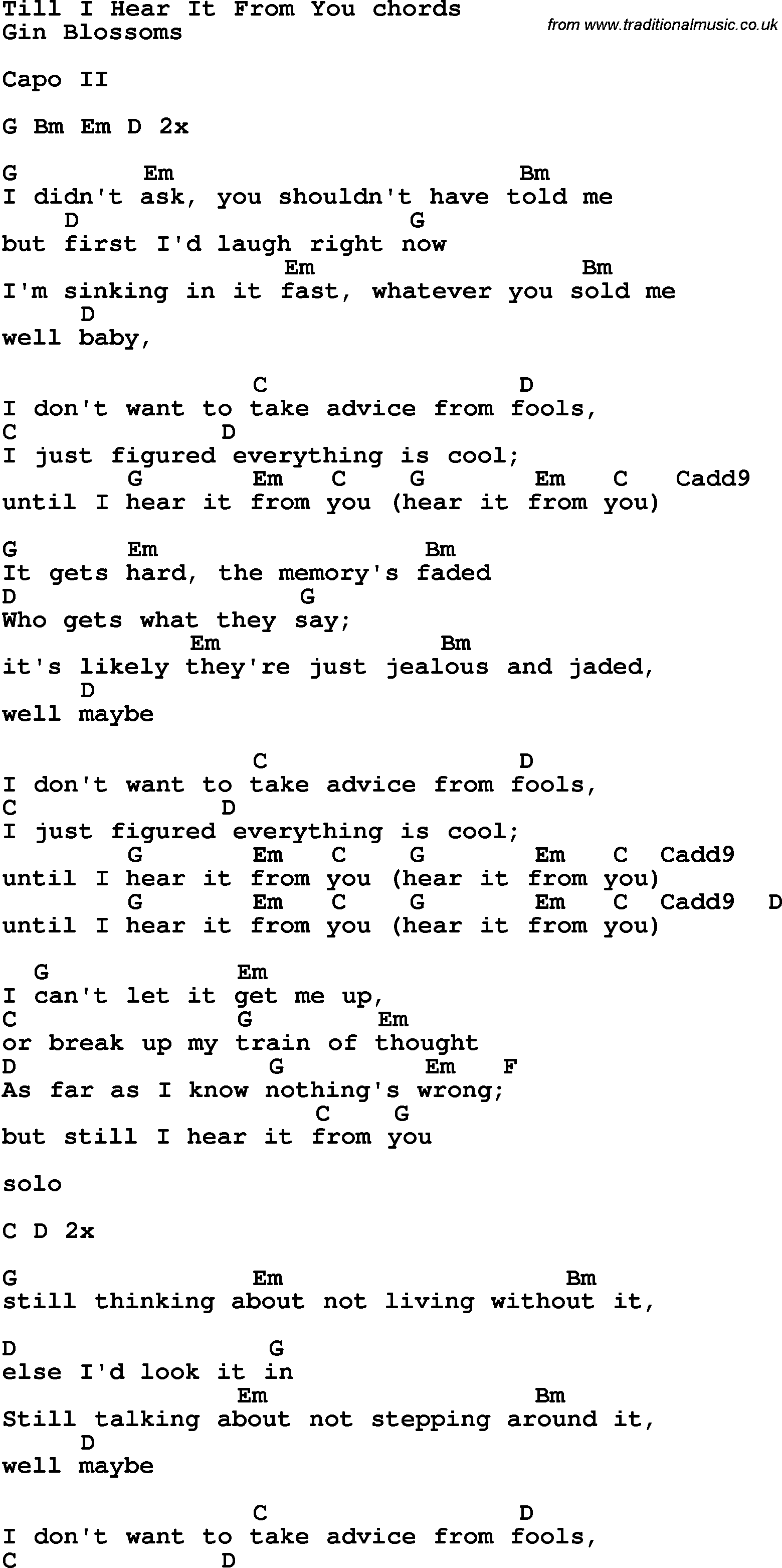 Song Lyrics with guitar chords for Till I Hear It From You