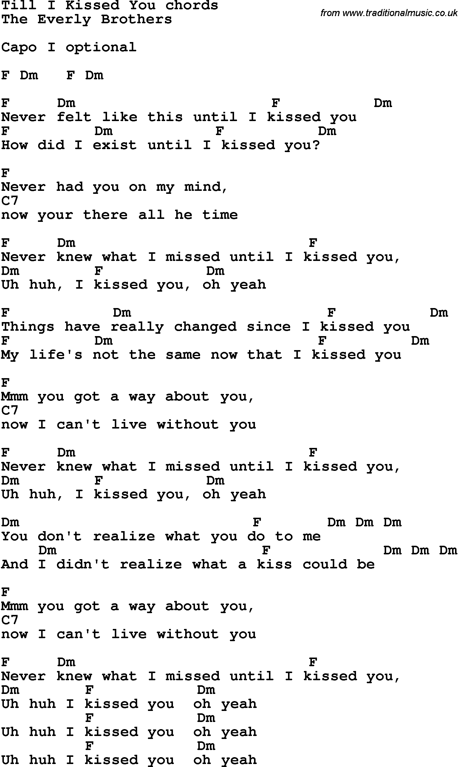 Song Lyrics with guitar chords for Till I Kissed You