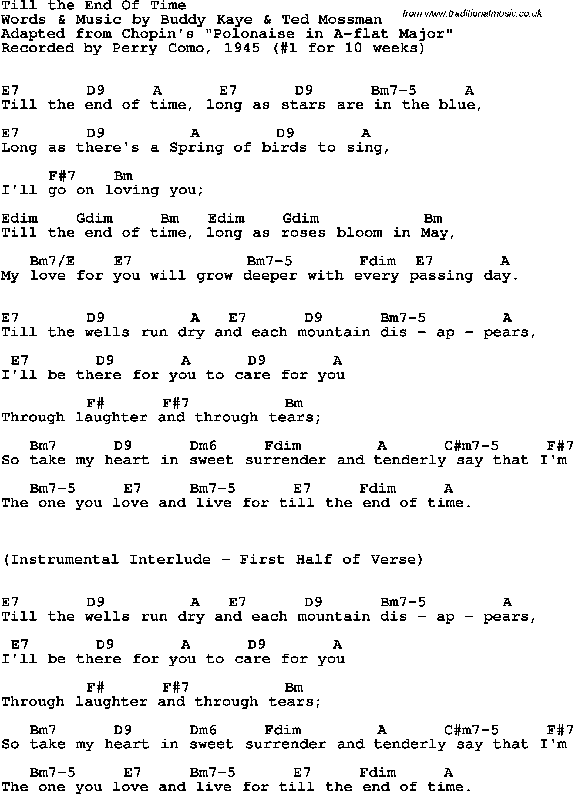 Song Lyrics with guitar chords for Till The End Of Time - Perry Como, 1945