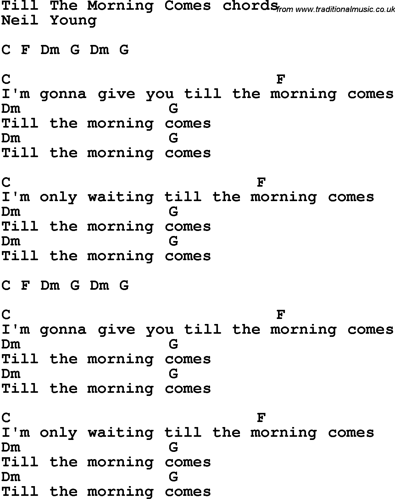 Song Lyrics with guitar chords for Till The Morning Comes