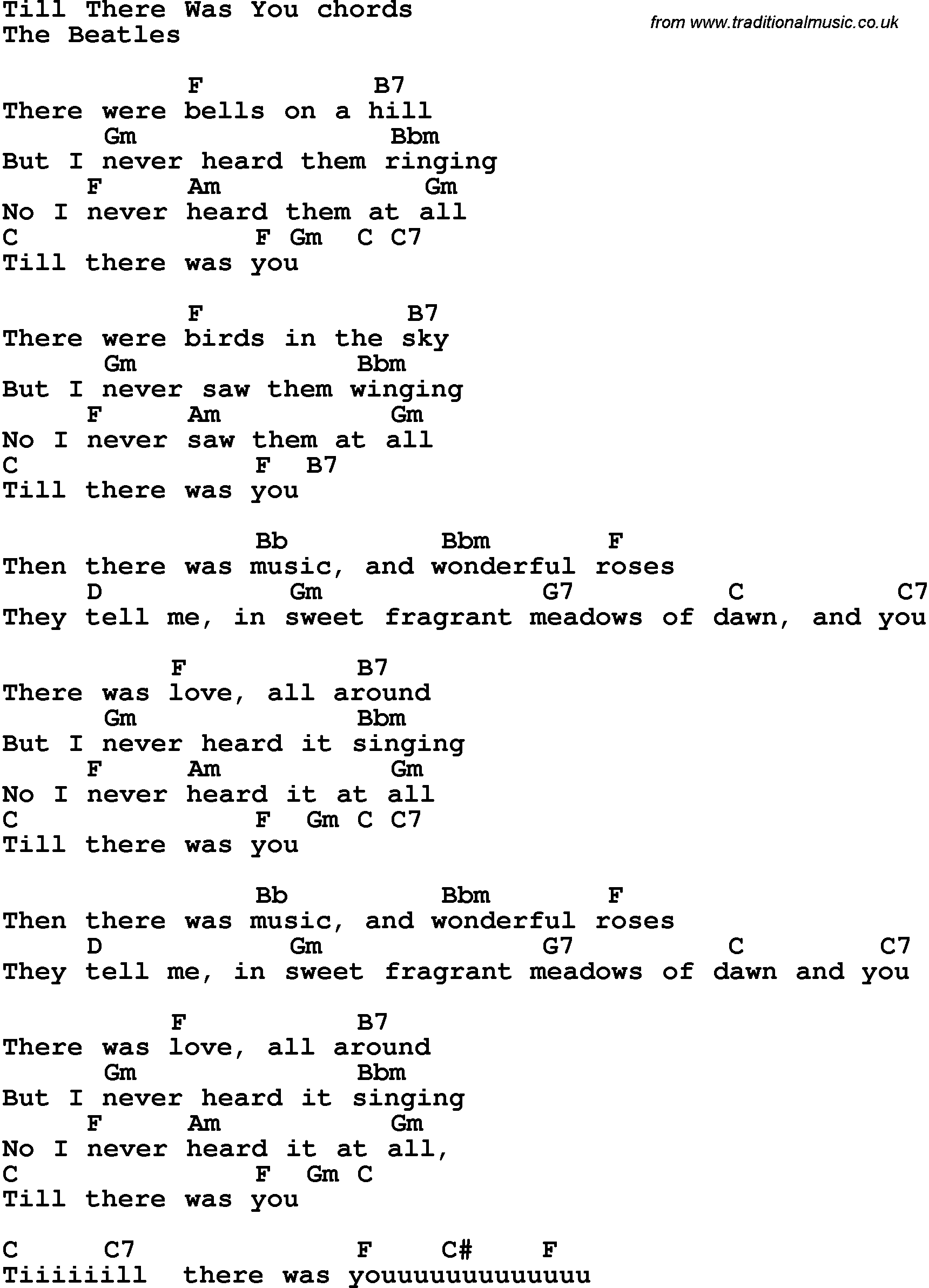 Song Lyrics with guitar chords for Till There Was You