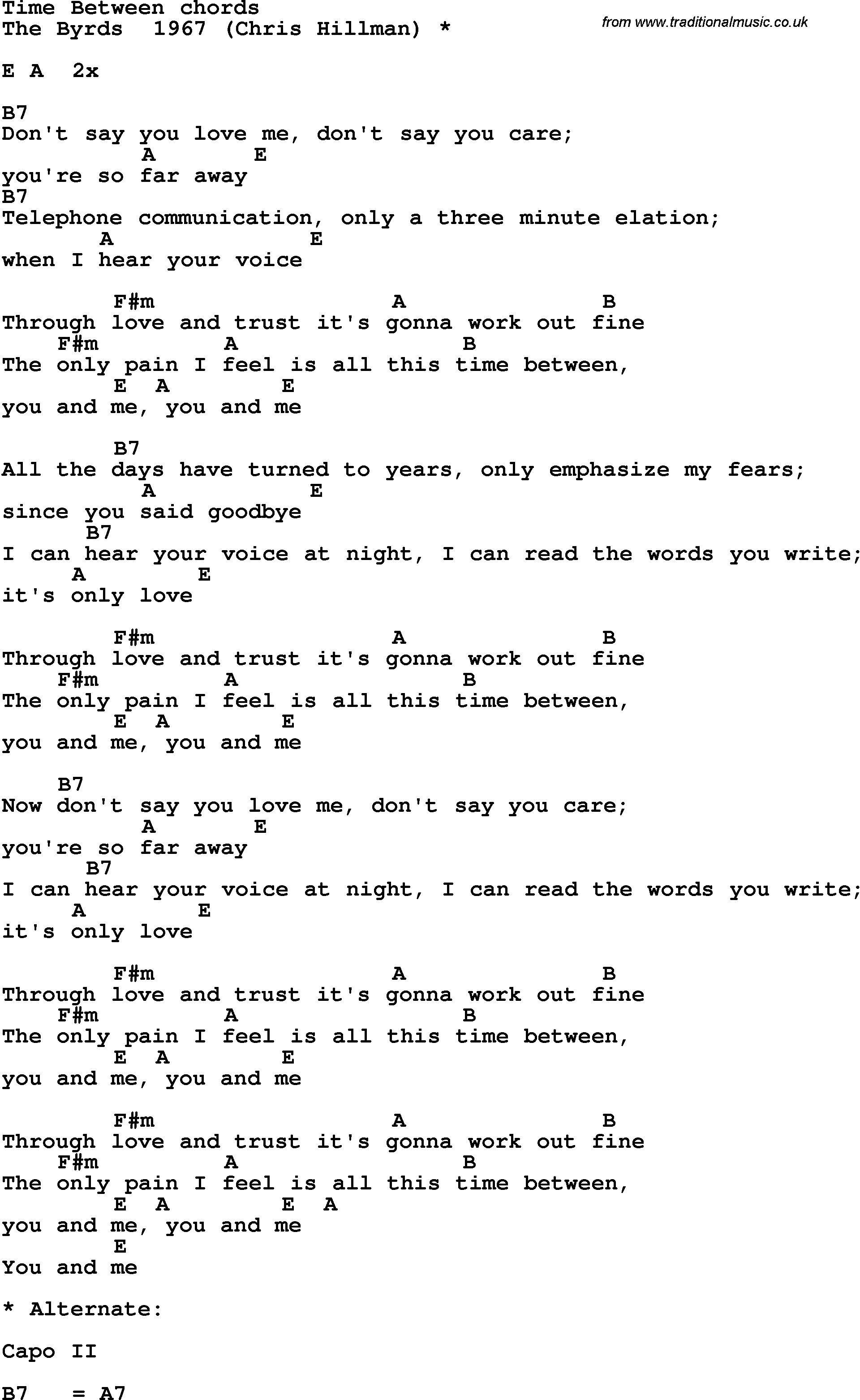 Song Lyrics with guitar chords for Time Between