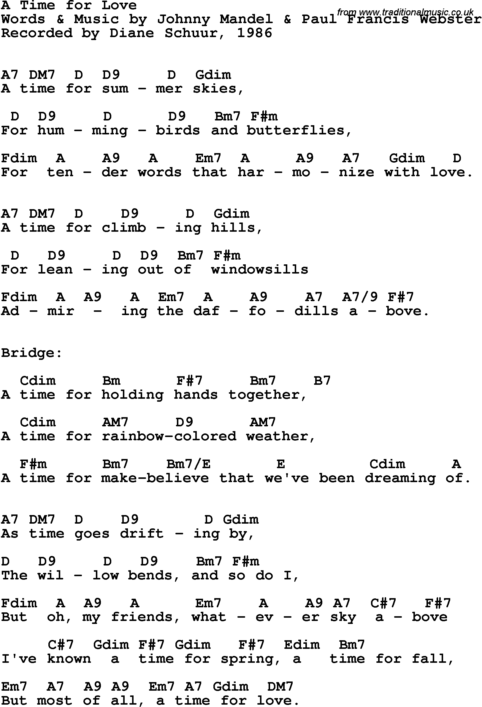 Song Lyrics with guitar chords for Time For Love, A - Diane Schuur, 1986