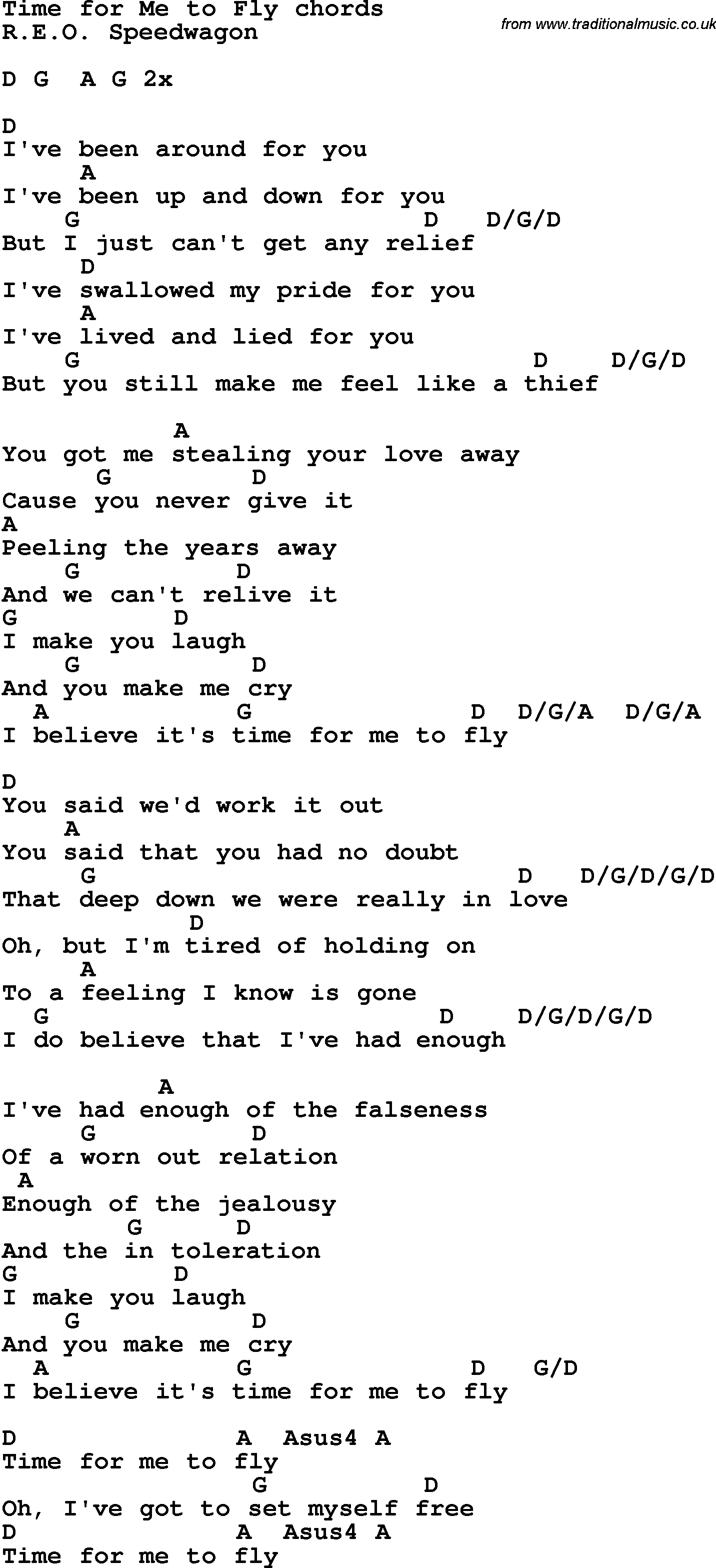 Song Lyrics with guitar chords for Time For Me To Fly