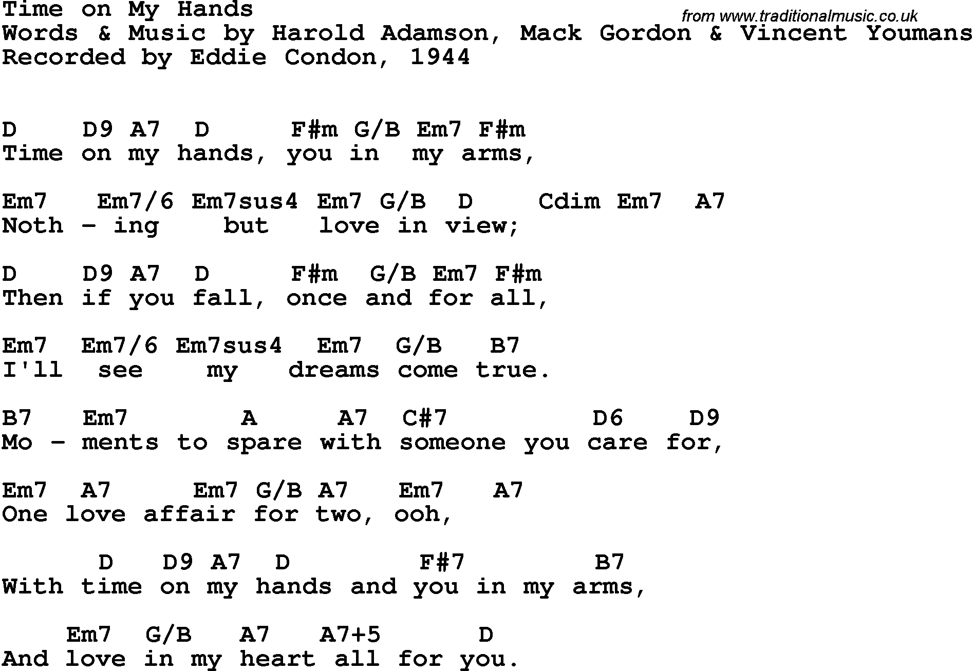 Song Lyrics with guitar chords for Time On My Hands - Eddie Condon, 1944