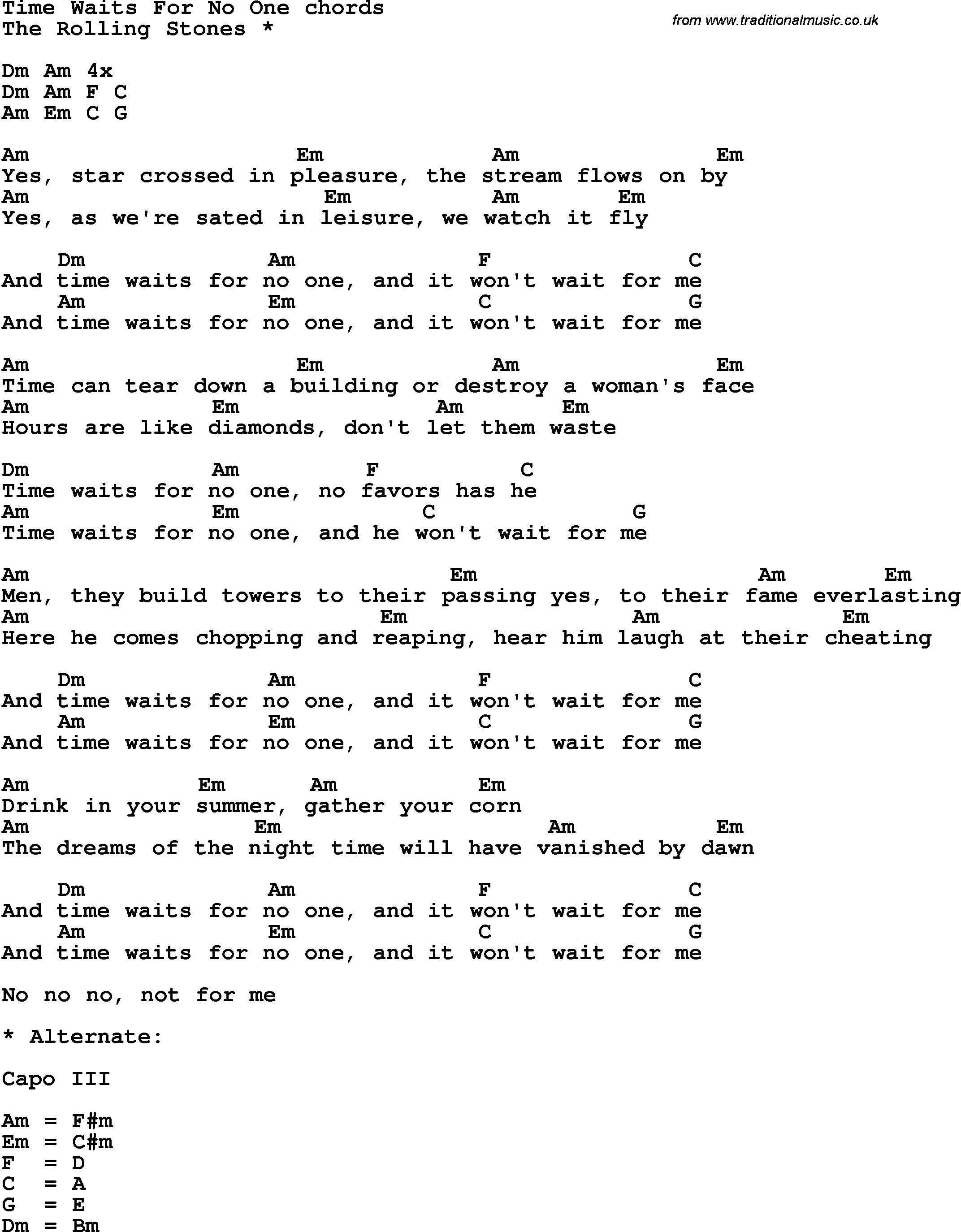 Song Lyrics with guitar chords for Time Waits For No One