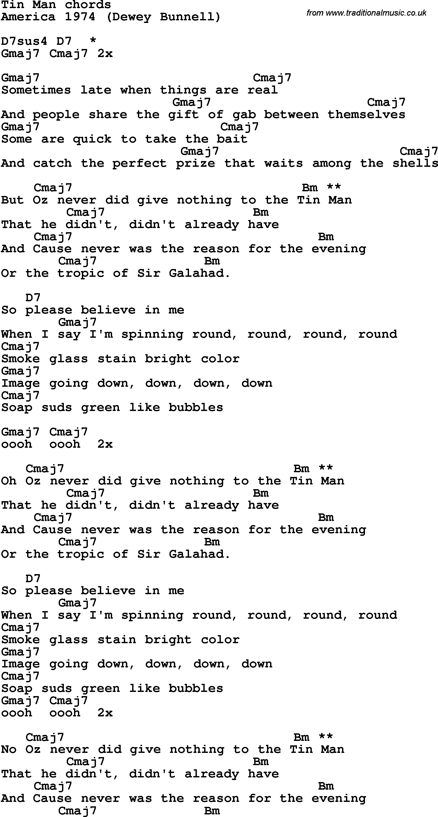 Song Lyrics with guitar chords for Tin Man