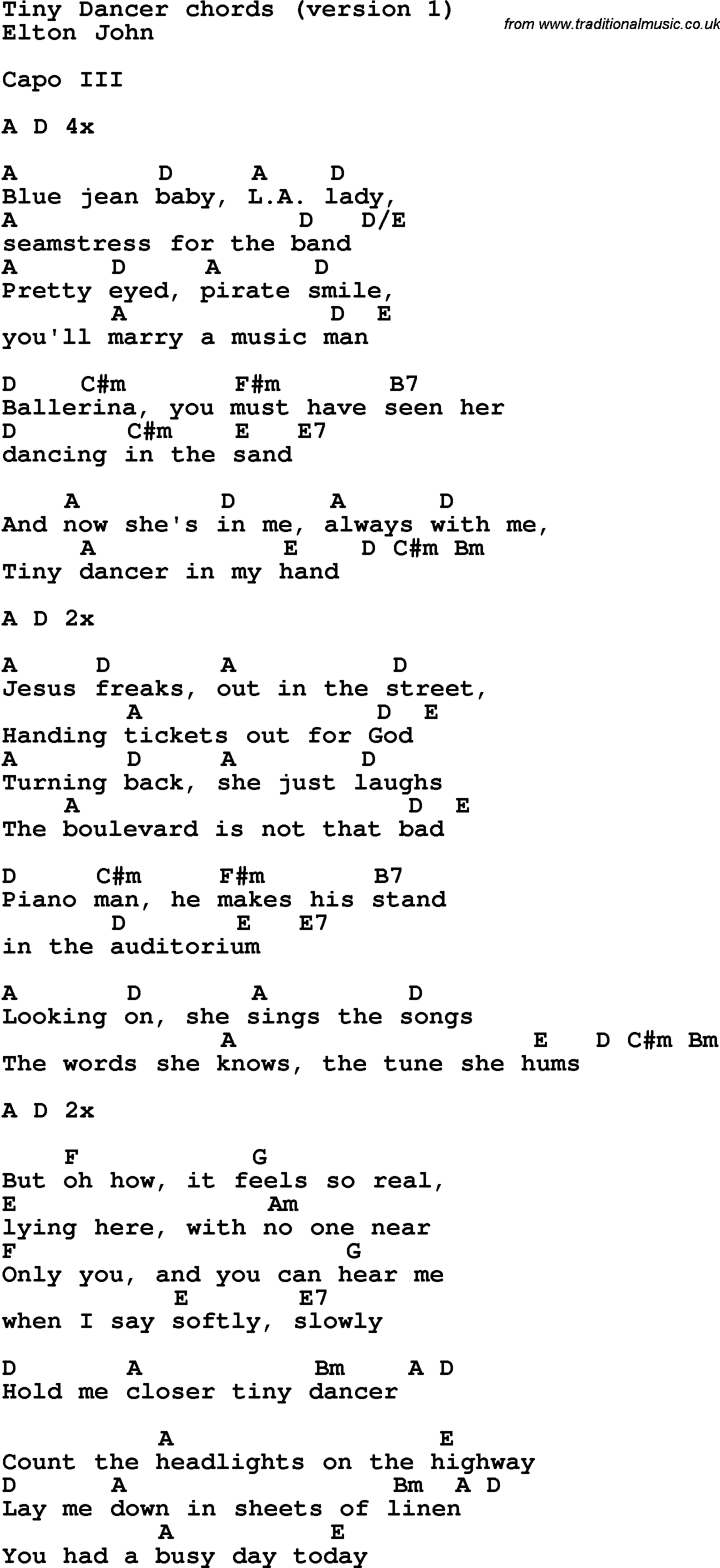 Song Lyrics with guitar chords for Tiny Dancer
