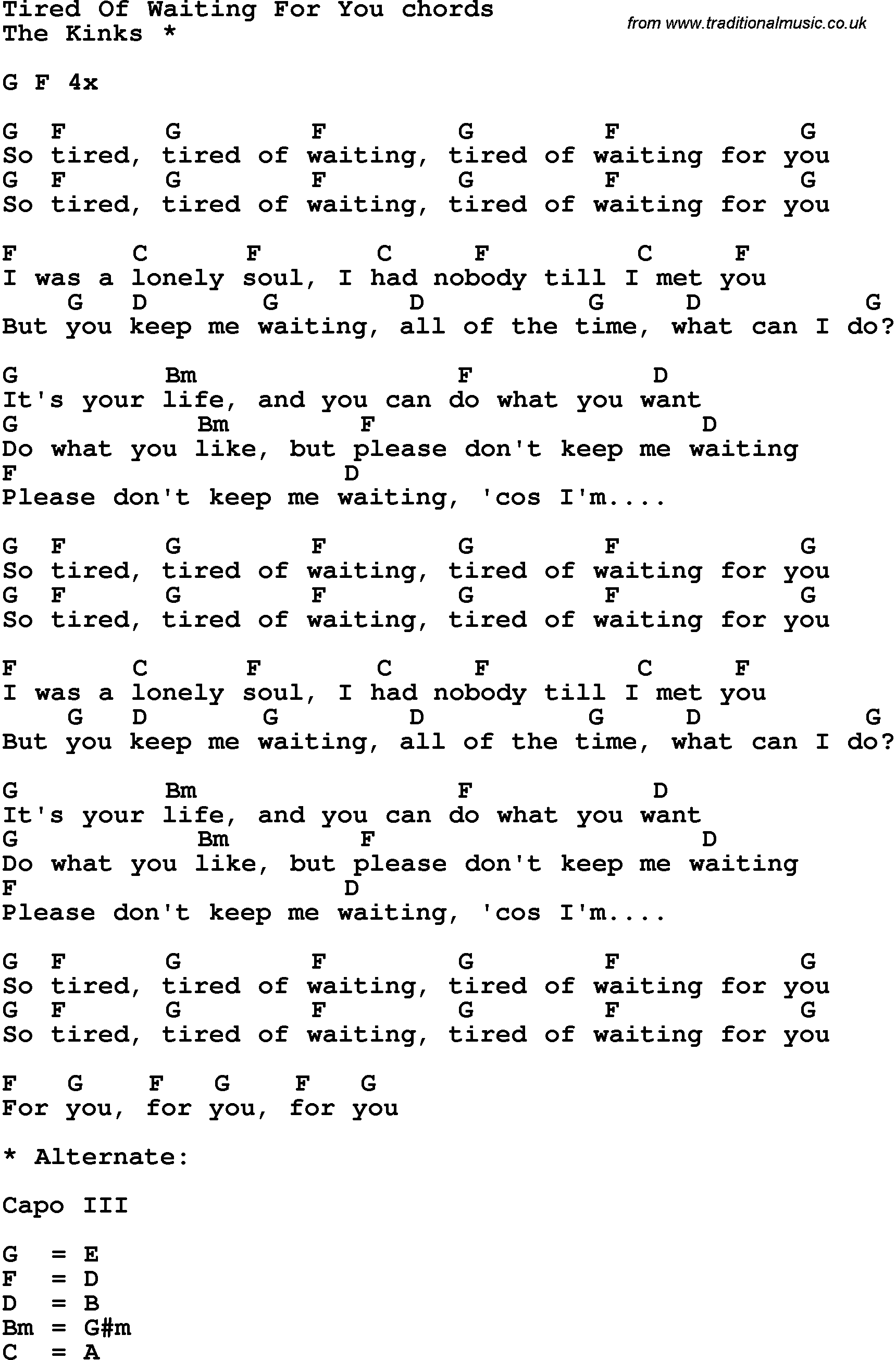 Song Lyrics with guitar chords for Tired Of Waiting For You