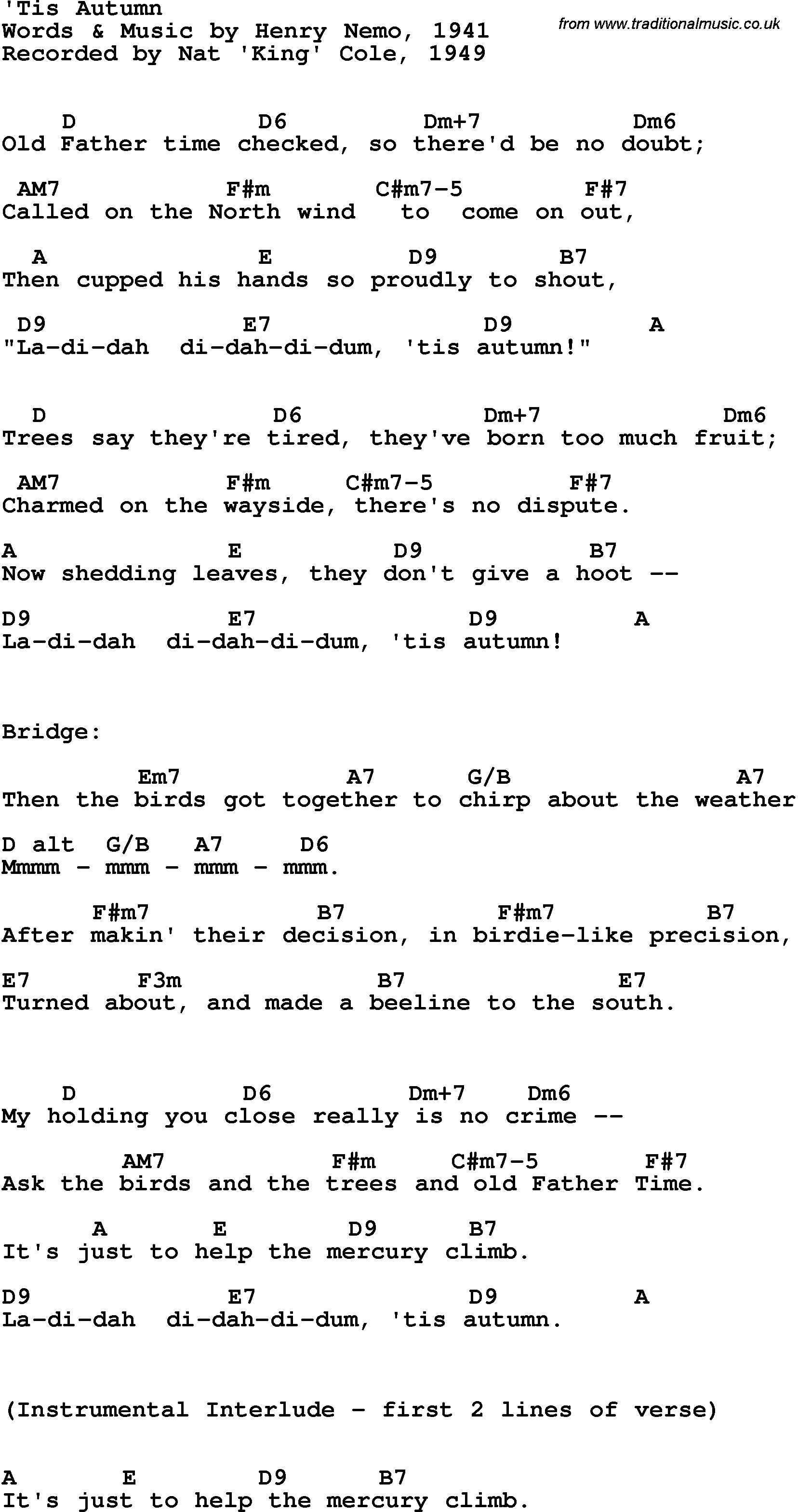 Song Lyrics with guitar chords for 'Tis Autumn - Nat King Cole, 1949