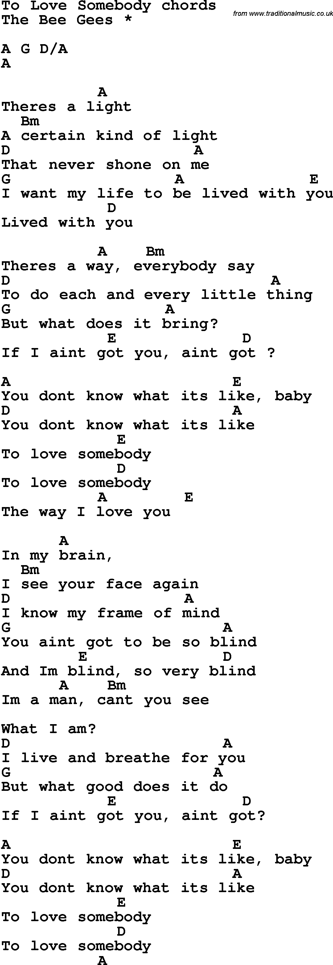 Song Lyrics with guitar chords for To Love Somebody