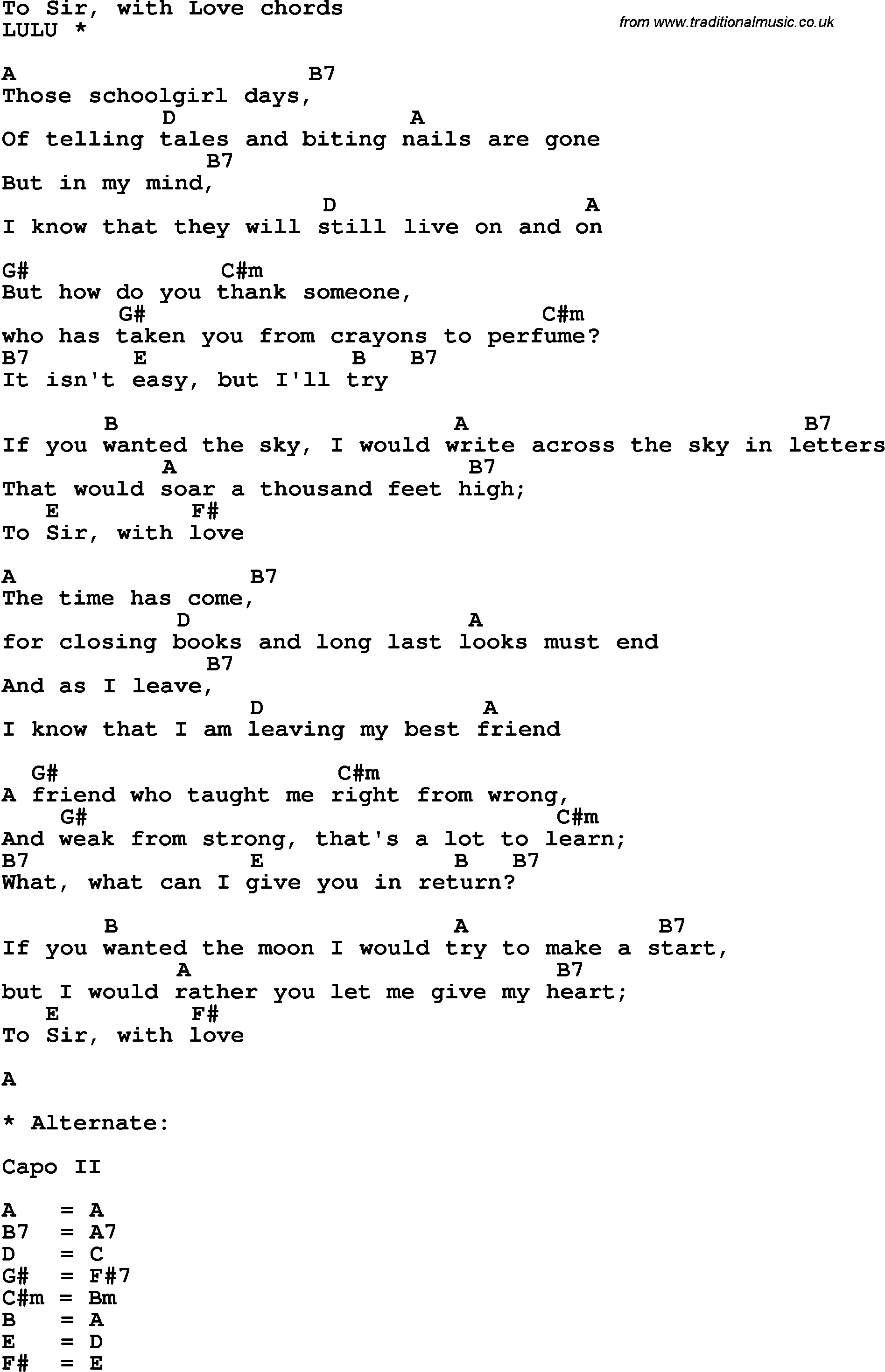 Song Lyrics with guitar chords for To Sir With Love