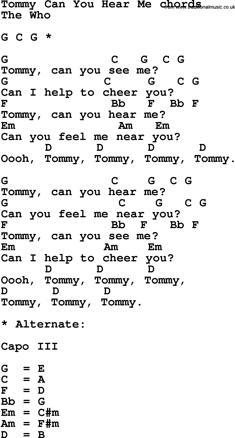 Song Lyrics with guitar chords for Tommy Can You Hear Me