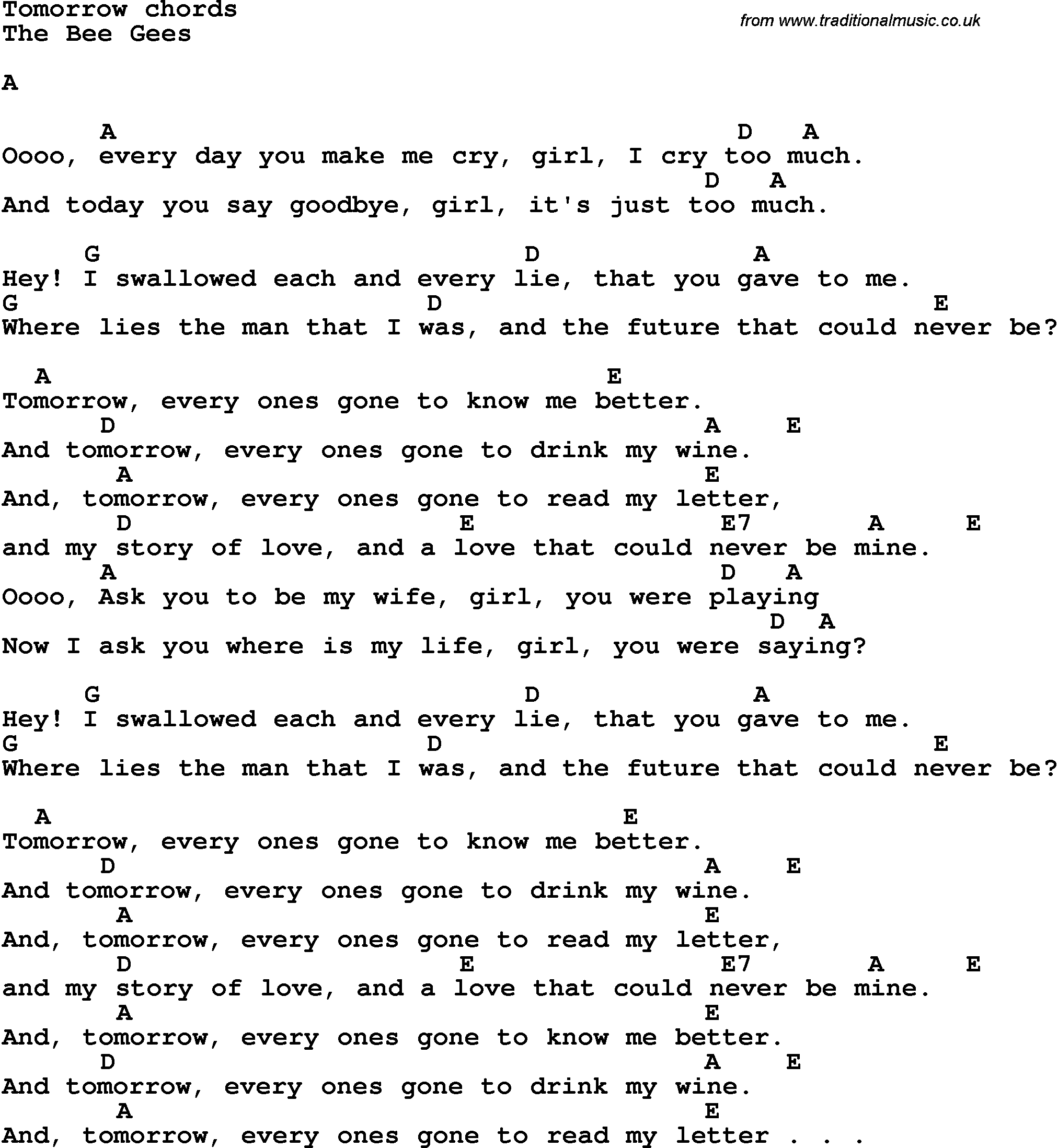 Song Lyrics with guitar chords for Tomorrow