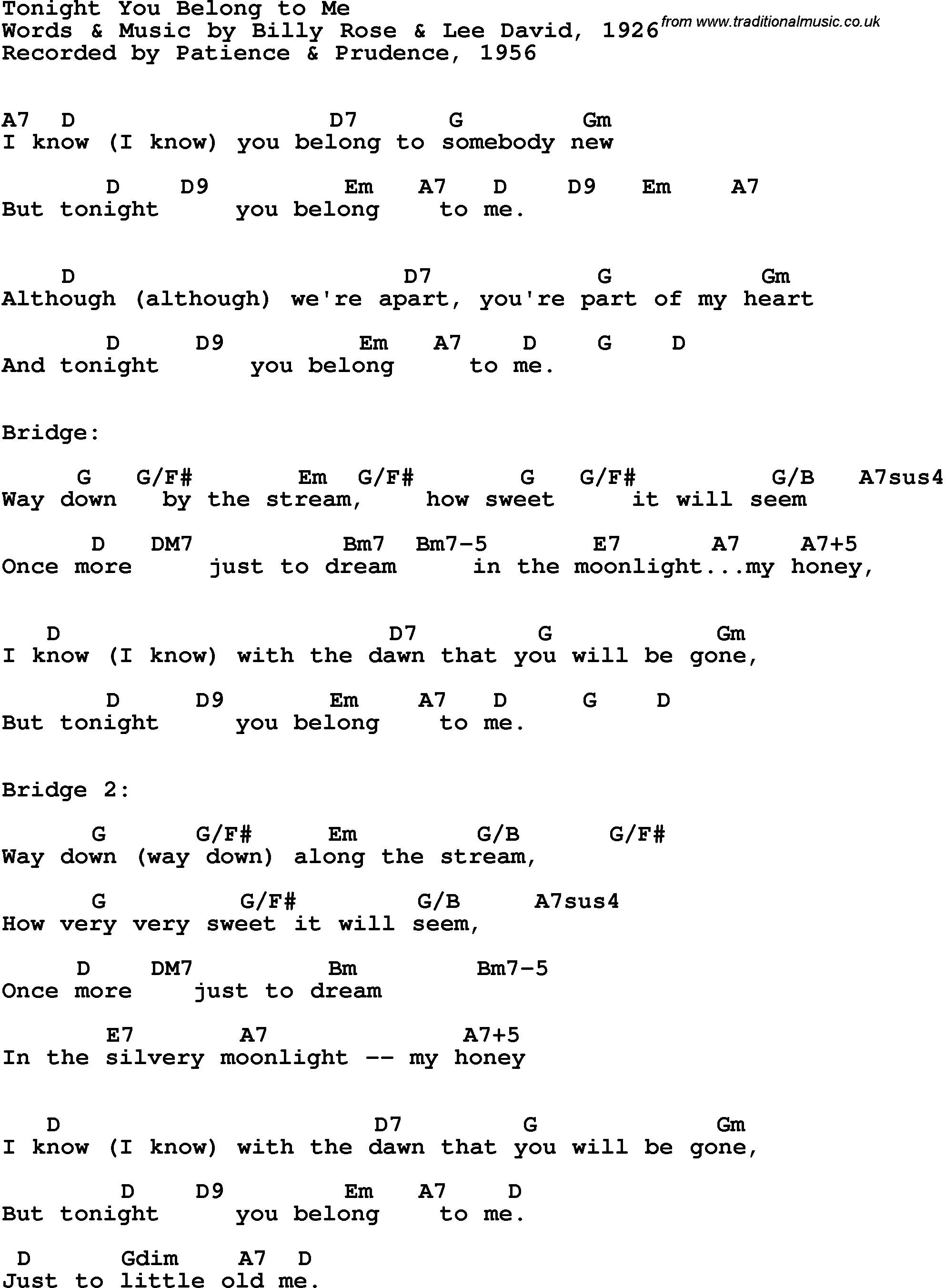 Song Lyrics with guitar chords for Tonight You Belong To Me - Patience & Prudence, 1956