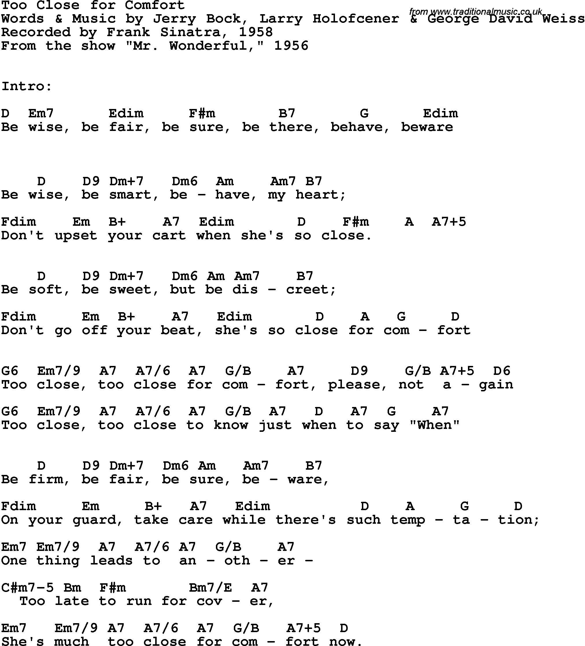 Song Lyrics with guitar chords for Too Close For Comfort - Frank Sinatra, 1958