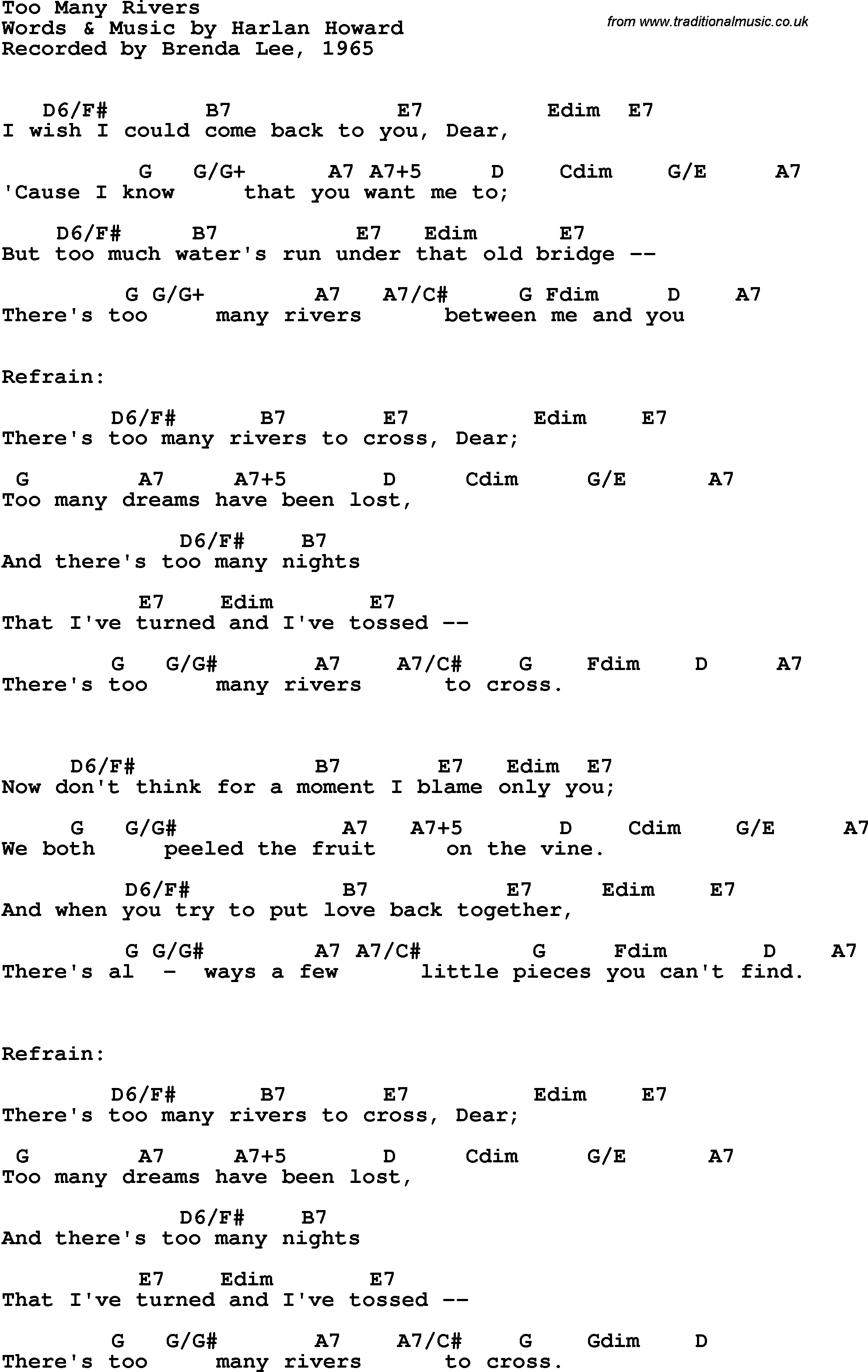 Song lyrics with guitar chords for Too Many Rivers - Brenda Lee, 1965