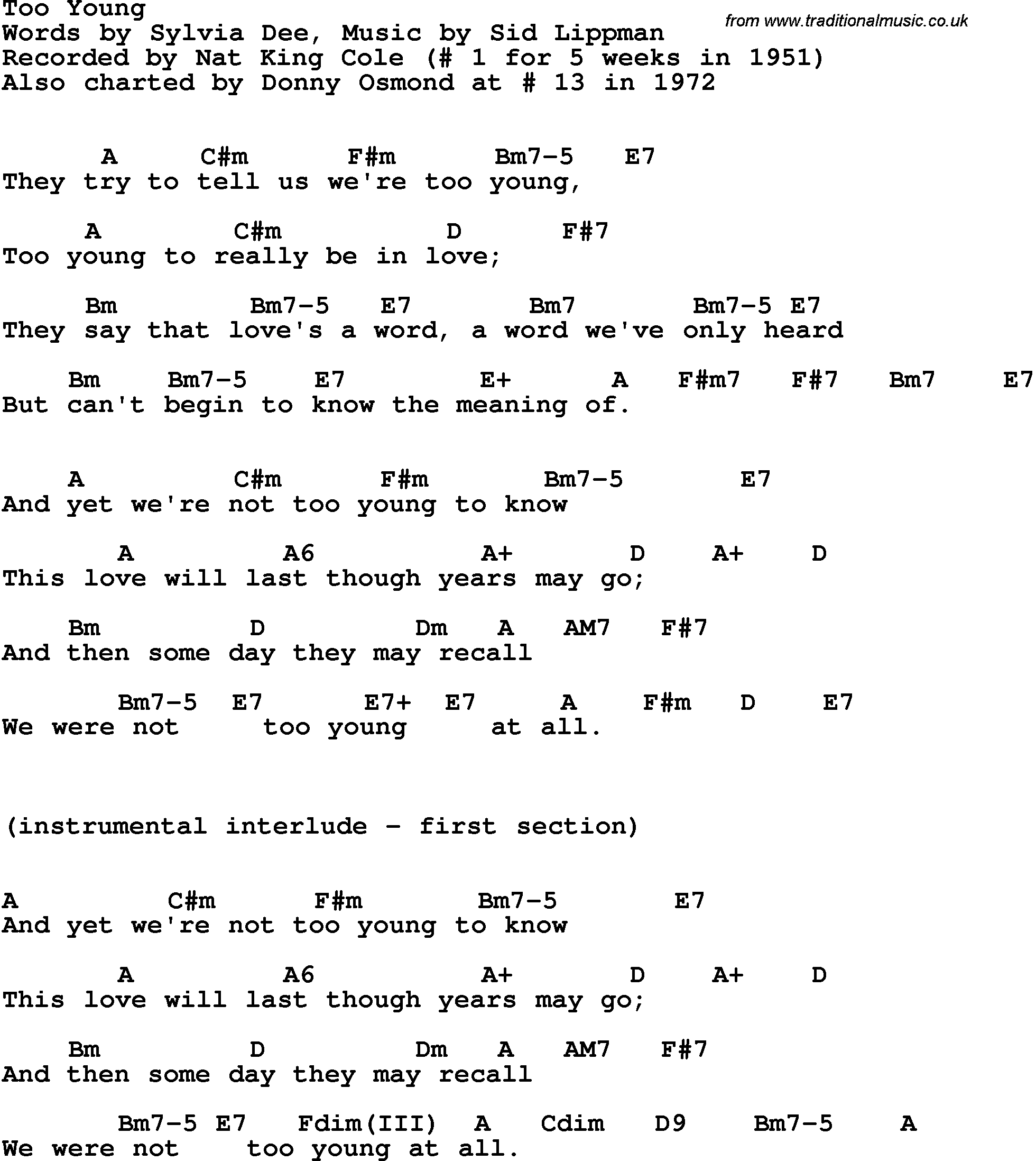 Song lyrics with guitar chords for Too Young - Nat King Cole, 1951