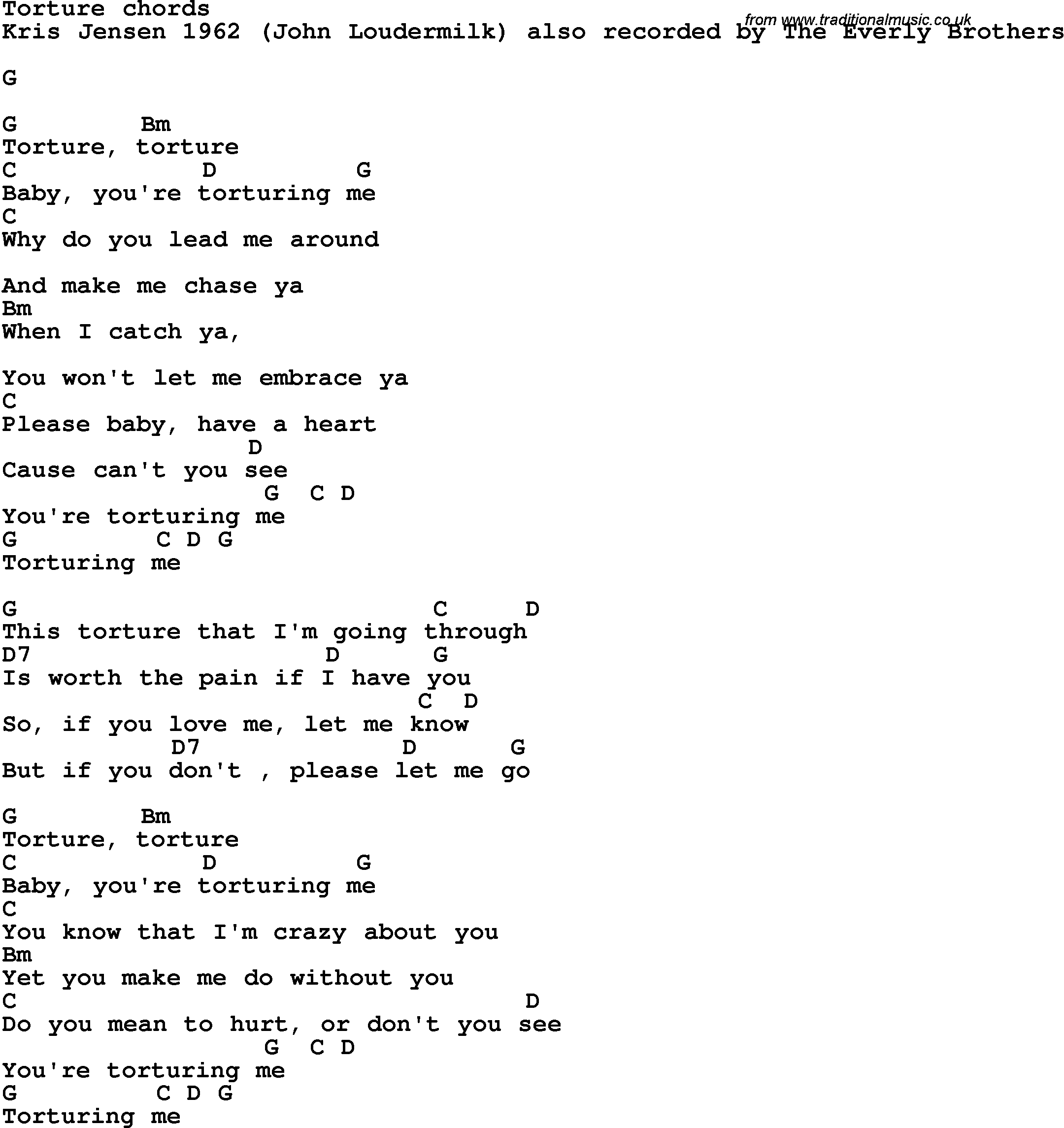 Song Lyrics with guitar chords for Torture