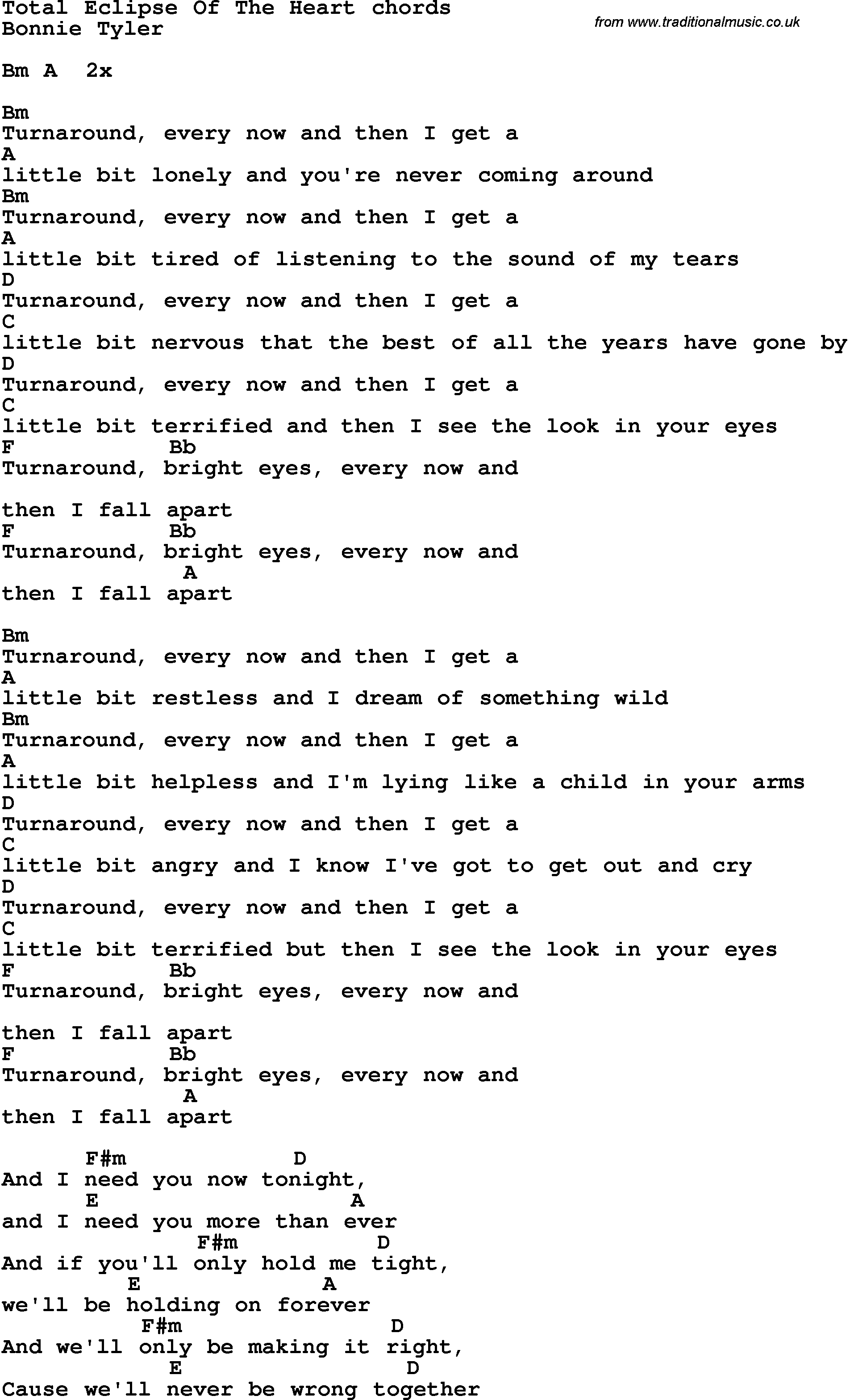 Song Lyrics with guitar chords for Total Eclipse Of The Heart