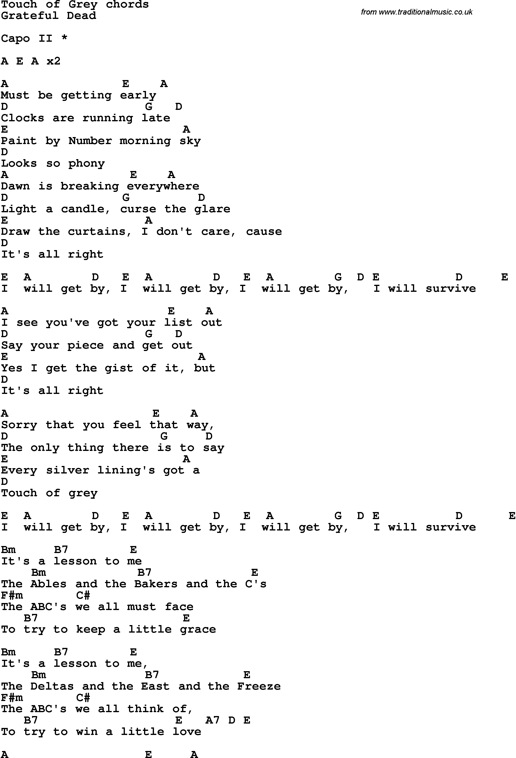 Song Lyrics with guitar chords for Touch of Grey