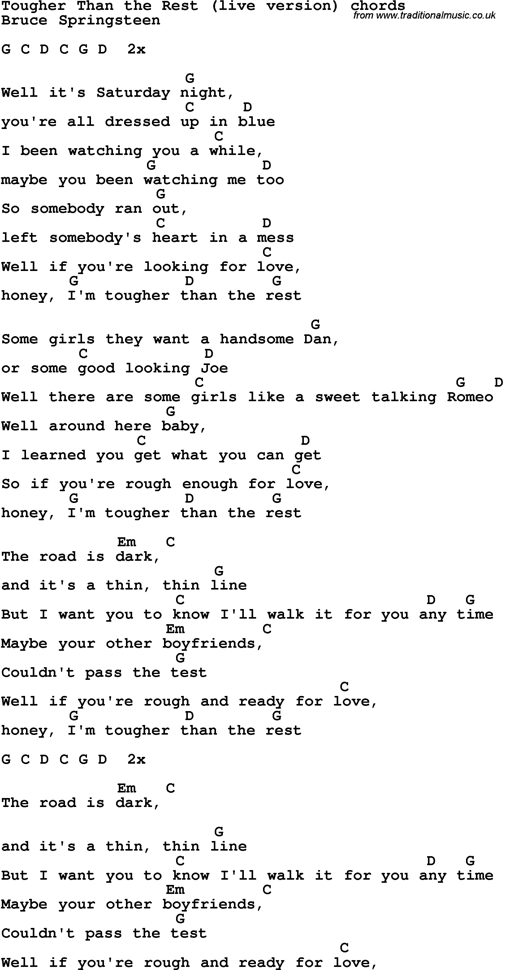 Song Lyrics with guitar chords for Tougher Than The Rest