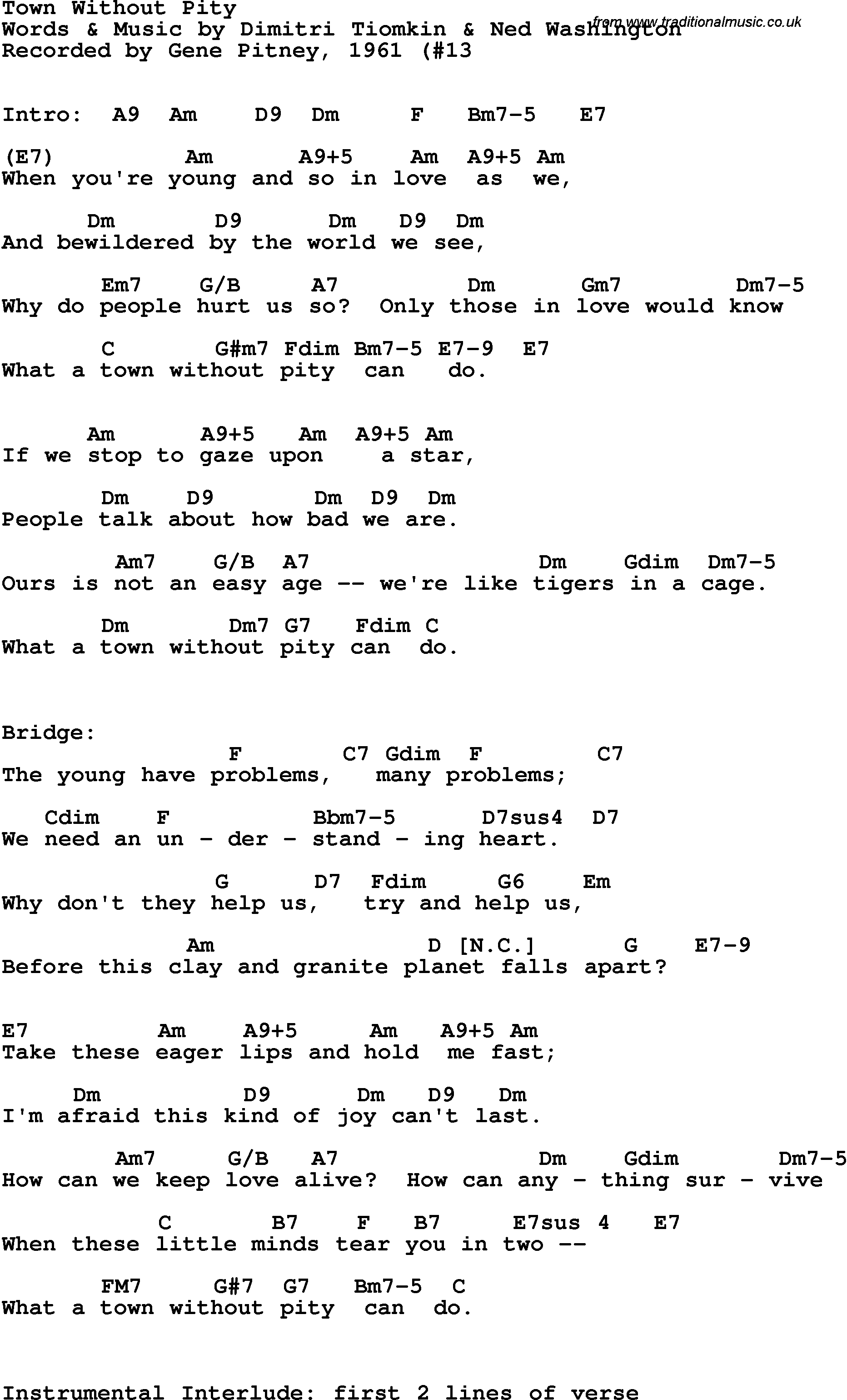 Song Lyrics with guitar chords for Town Without Pity - Gene Pitney, 1961