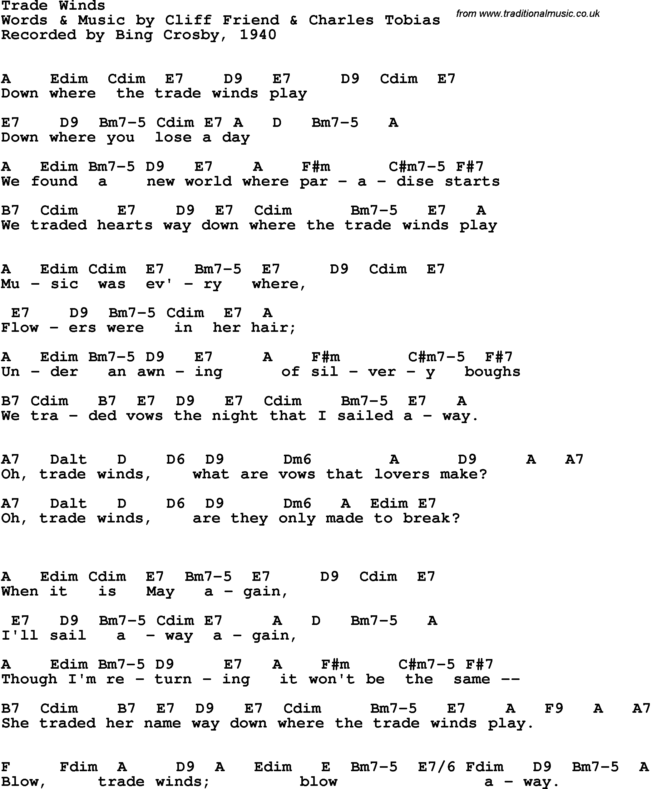 Song Lyrics with guitar chords for Trade Winds - Bing Crosby, 1950