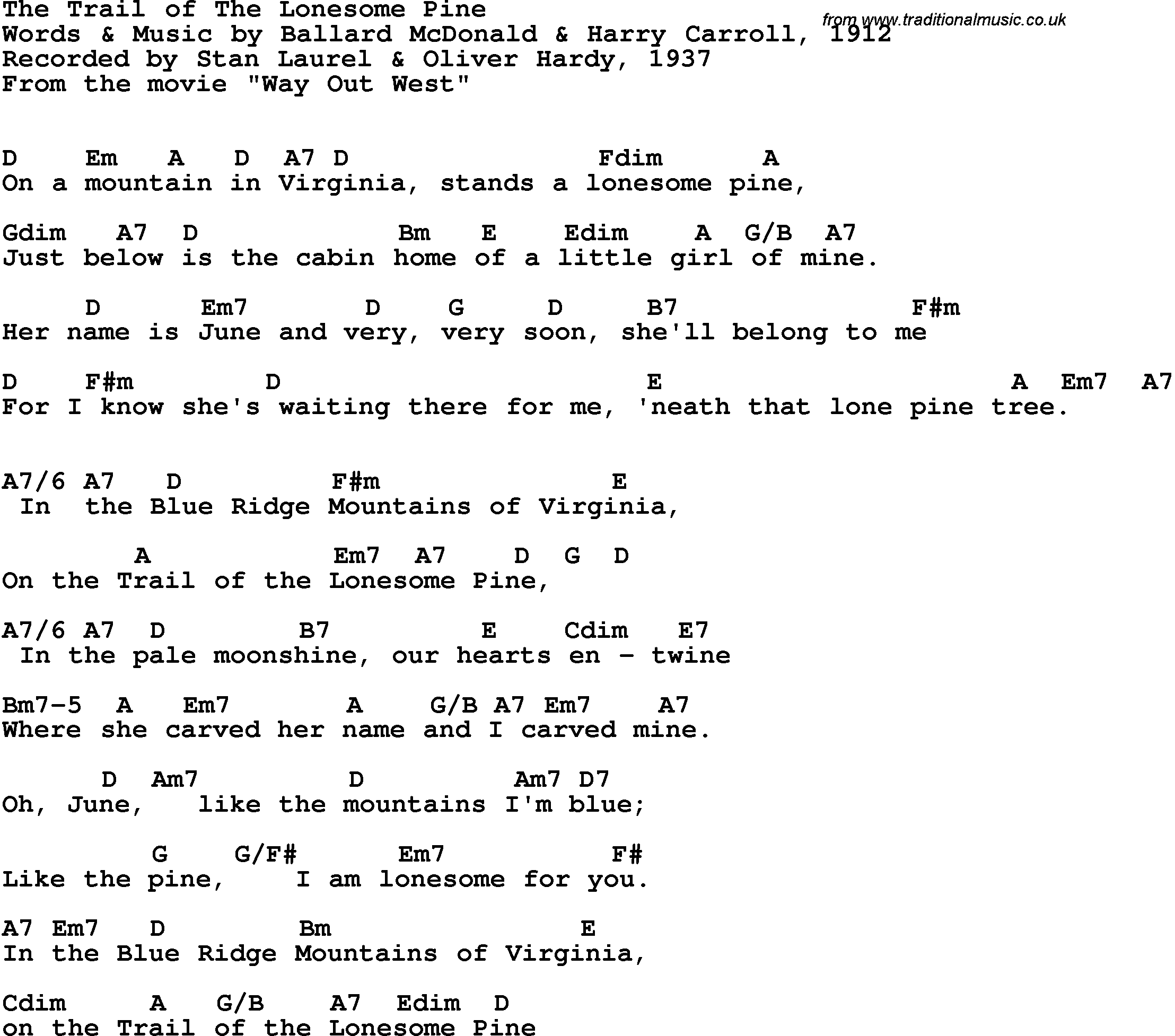 Song Lyrics with guitar chords for Trail Of The Lonesome Pine - Laurel & Hardy, 1937